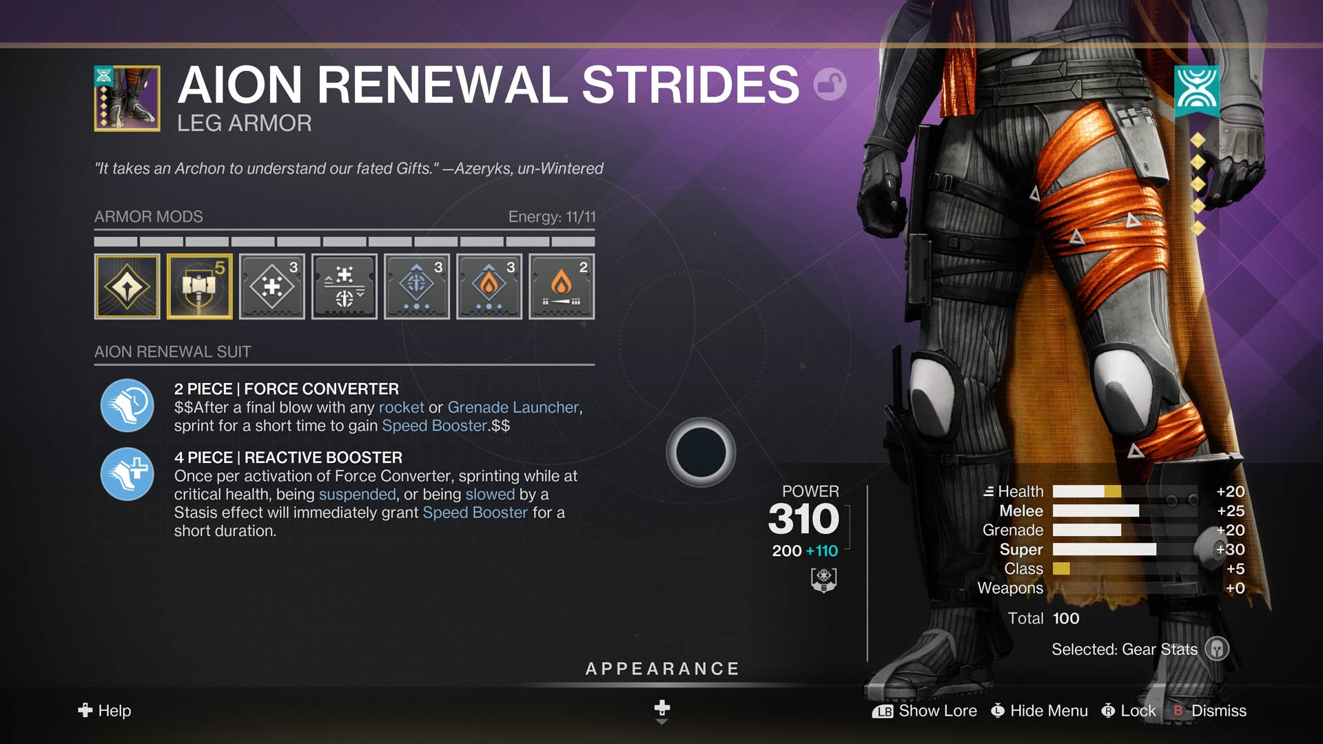 Destiny 2 Armour 3.0: Aion Renewal Strides inspected in the inventory screen, showing the stats, perks, and set bonuses on the item.