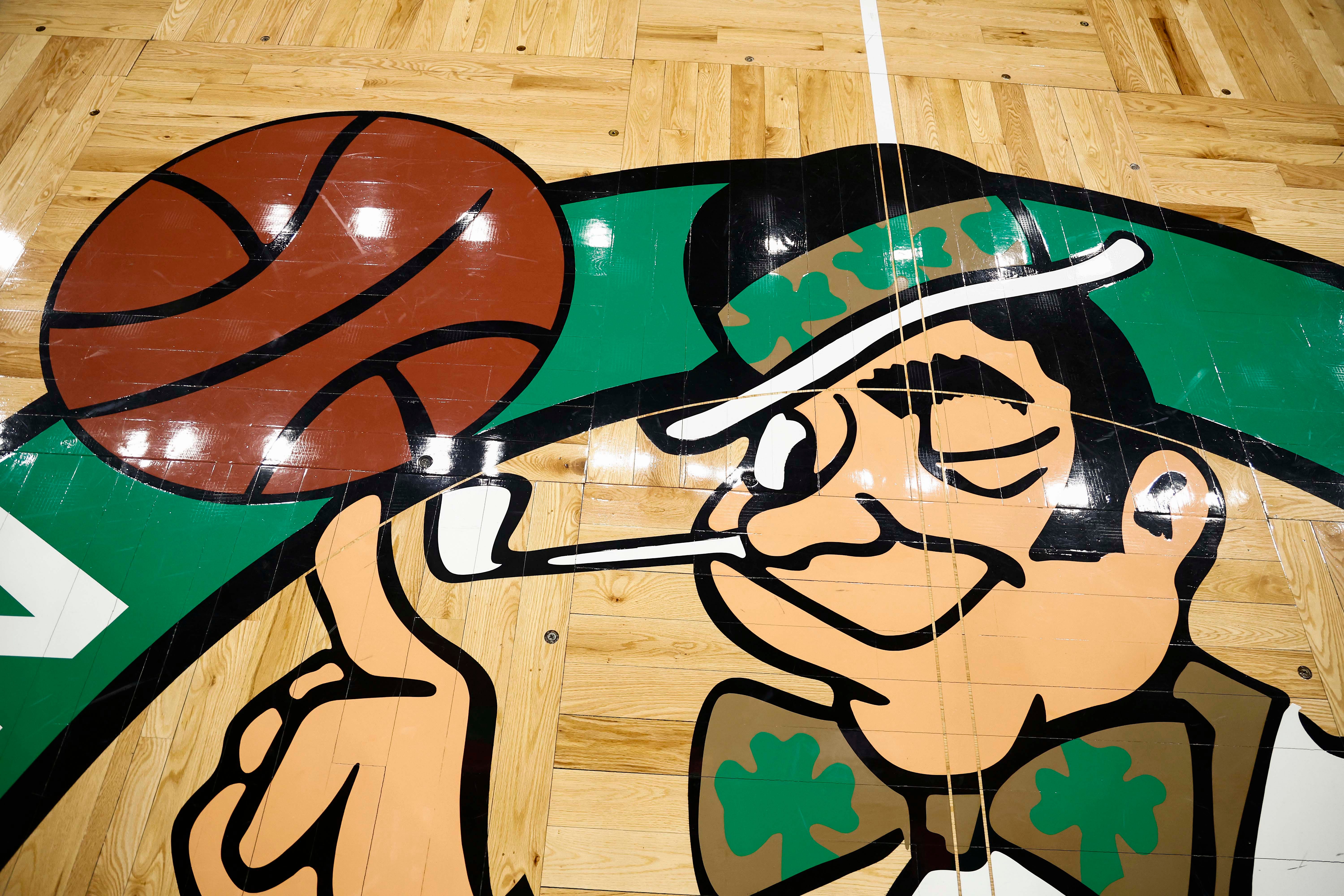 Mar 5, 2025; Boston, Massachusetts, USA; The Boston Celtics logo is seen on the court before the game between the Boston Celtics and the Portland Trail Blazers at TD Garden. Mandatory Credit: Winslow Townson-Imagn Images