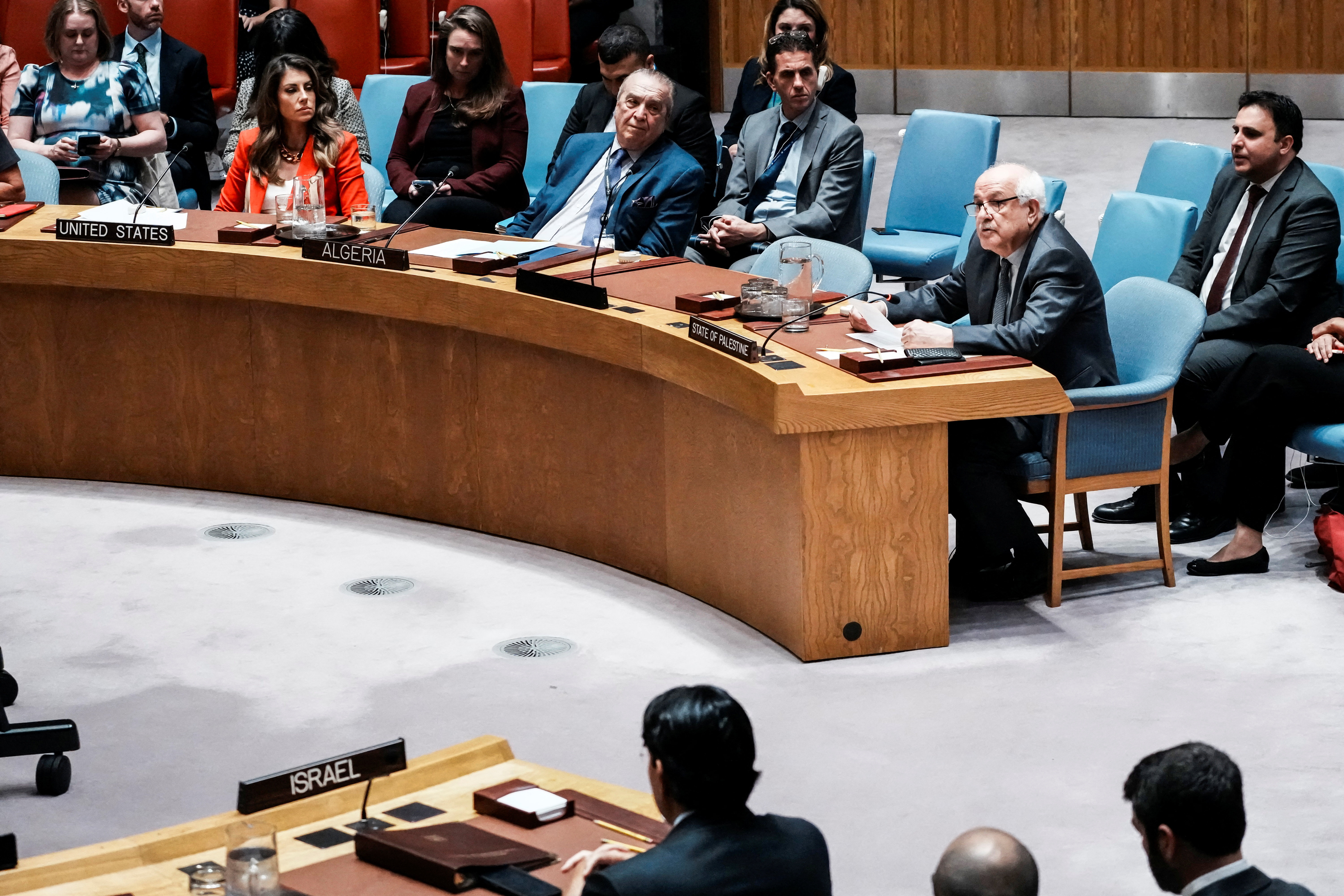 Riyad H. Mansour, Palestinian Permanent Observer to the United Nations, addresses members of the U.N. Security Council after a vote on a draft resolution demanding a ceasefire in Gaza, at U.N. headquarters in New York City, U.S., September 18, 2025. REUTERS/Eduardo Munoz