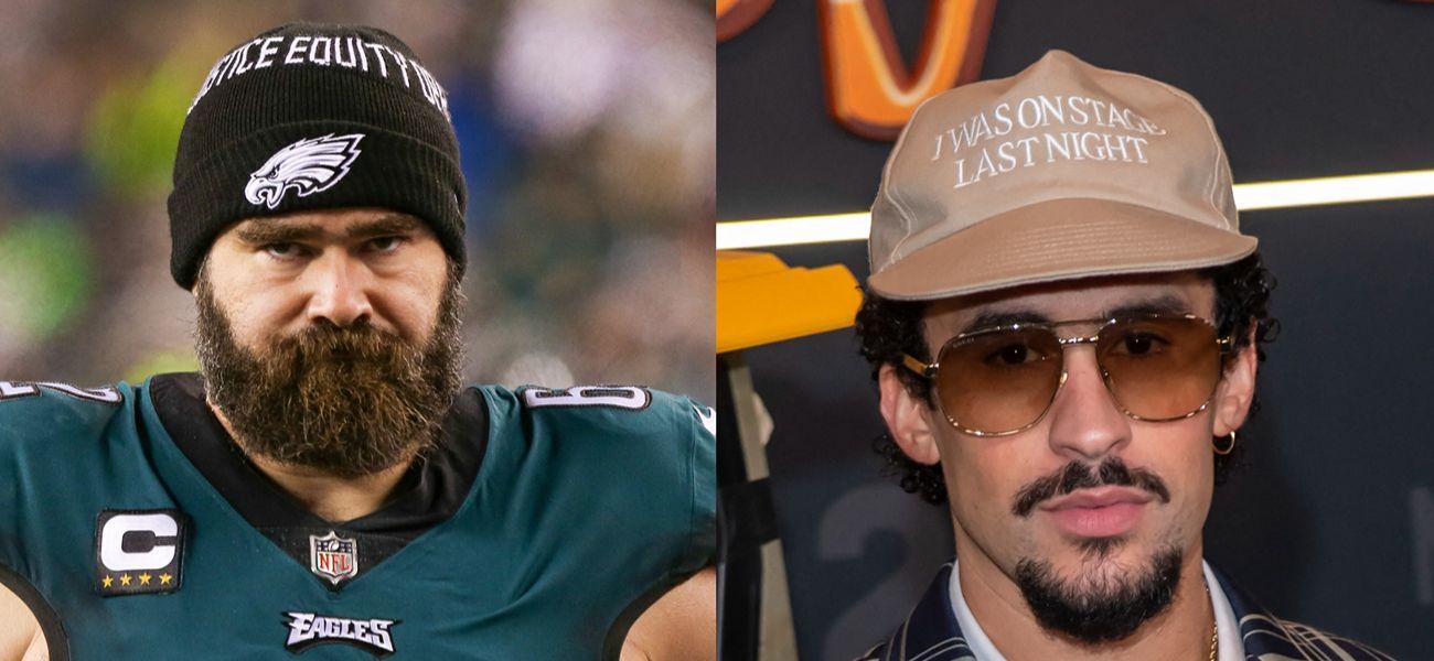 A photo collage of Jason Kelce and Bad Bunny