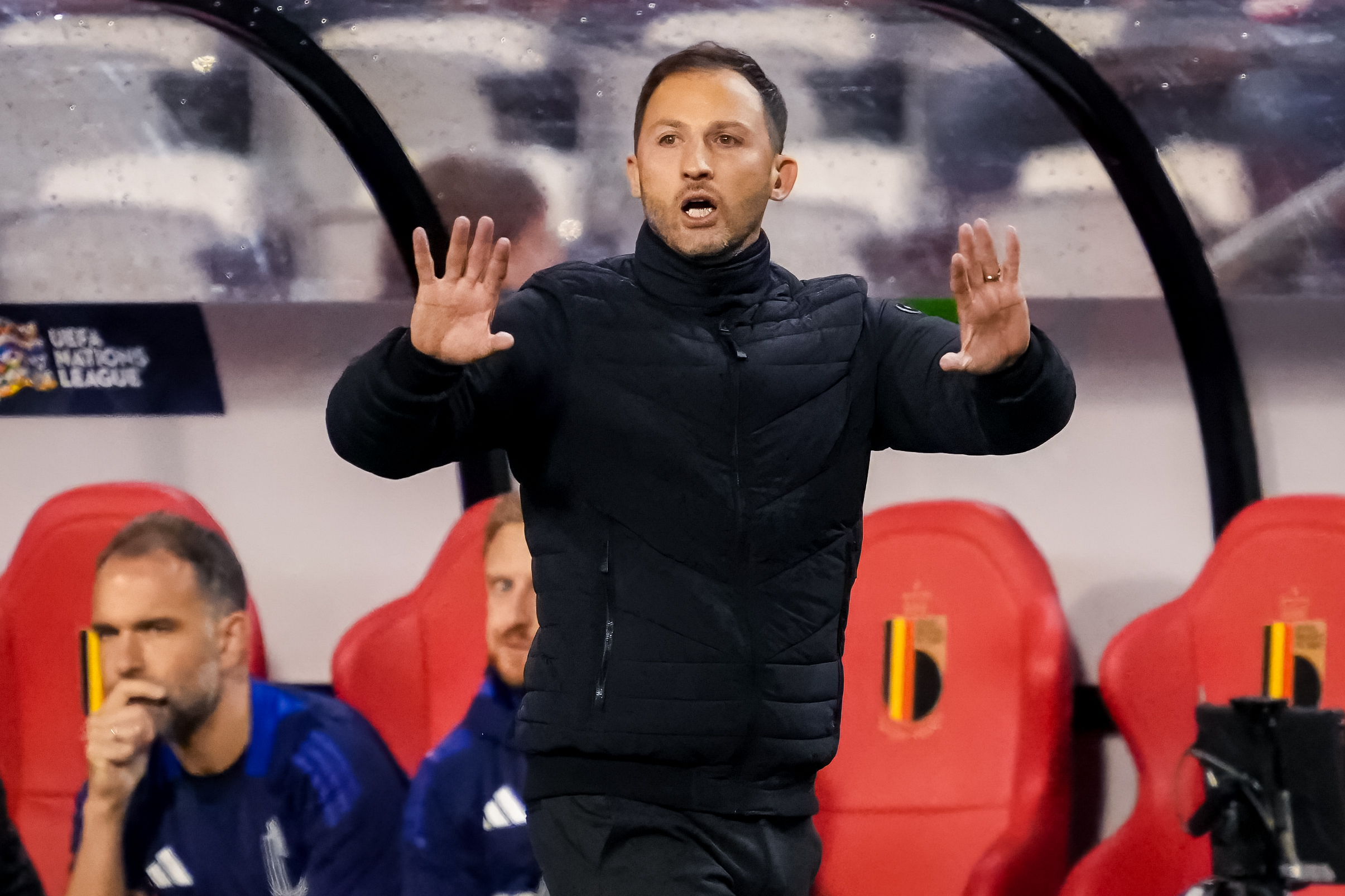 BRUSSELS, BELGIUM - OCTOBER 14: Belgium head coach Domenico Tedesco gestures during the UEFA Nations League 2024/25 League A Group A2 match between Belgium and France at the King Baudouin Stadium on October 14, 2024 in Brussels, Belgium. (Photo by Rene Nijhuis/MB Media/Getty Images)