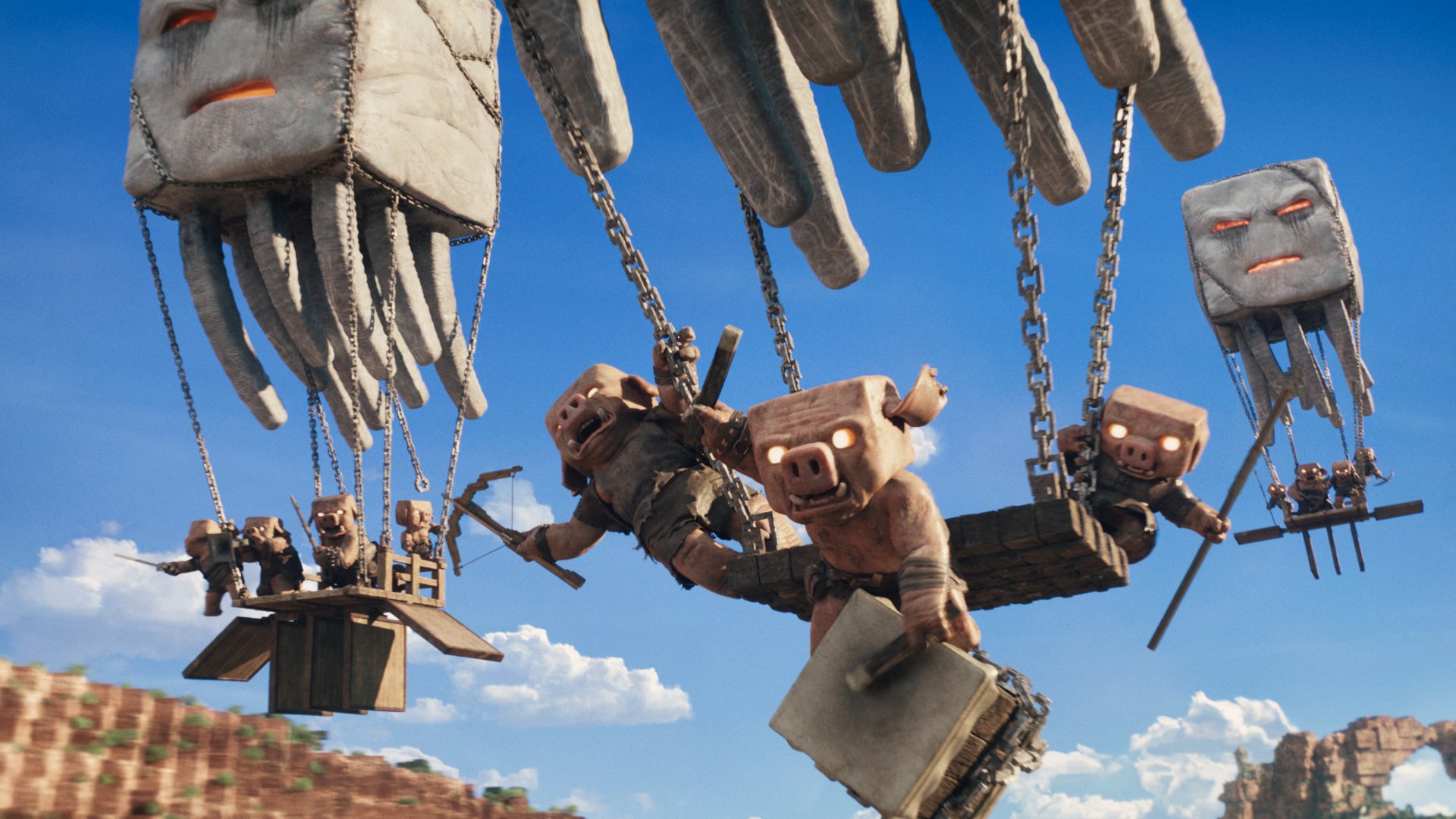 Piglins attacking with ghasts