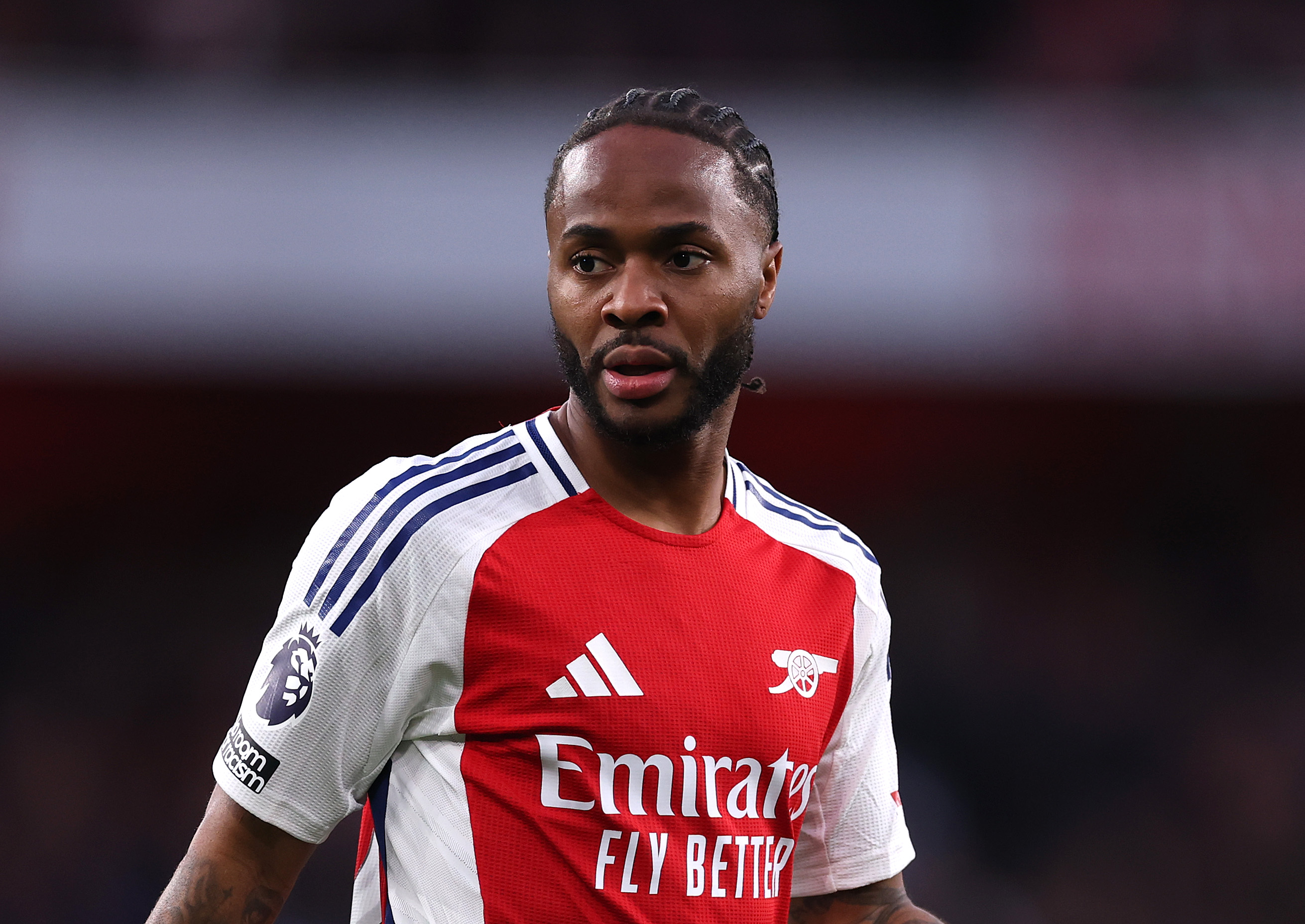 LONDON, ENGLAND - APRIL 23: Raheem Sterling of Arsenal reacts during the Premier League match between Arsenal FC and Crystal Palace FC at Emirates Stadium on April 23, 2025 in London, England. (Photo by Ryan Pierse/Getty Images)