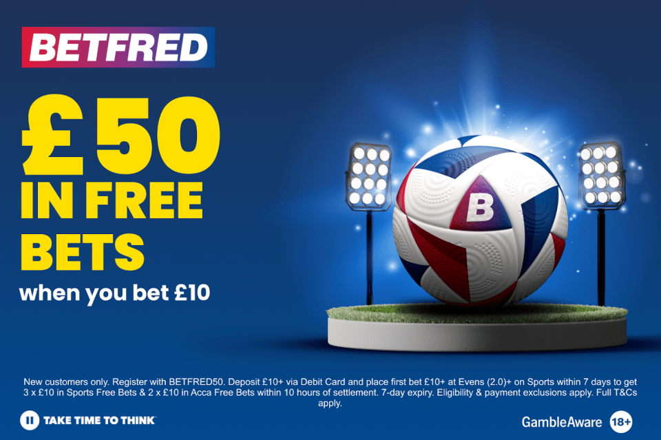 Betfred offer: &pound;50 in free bets when you bet &pound;10. Illustration of soccer ball under stadium lights.