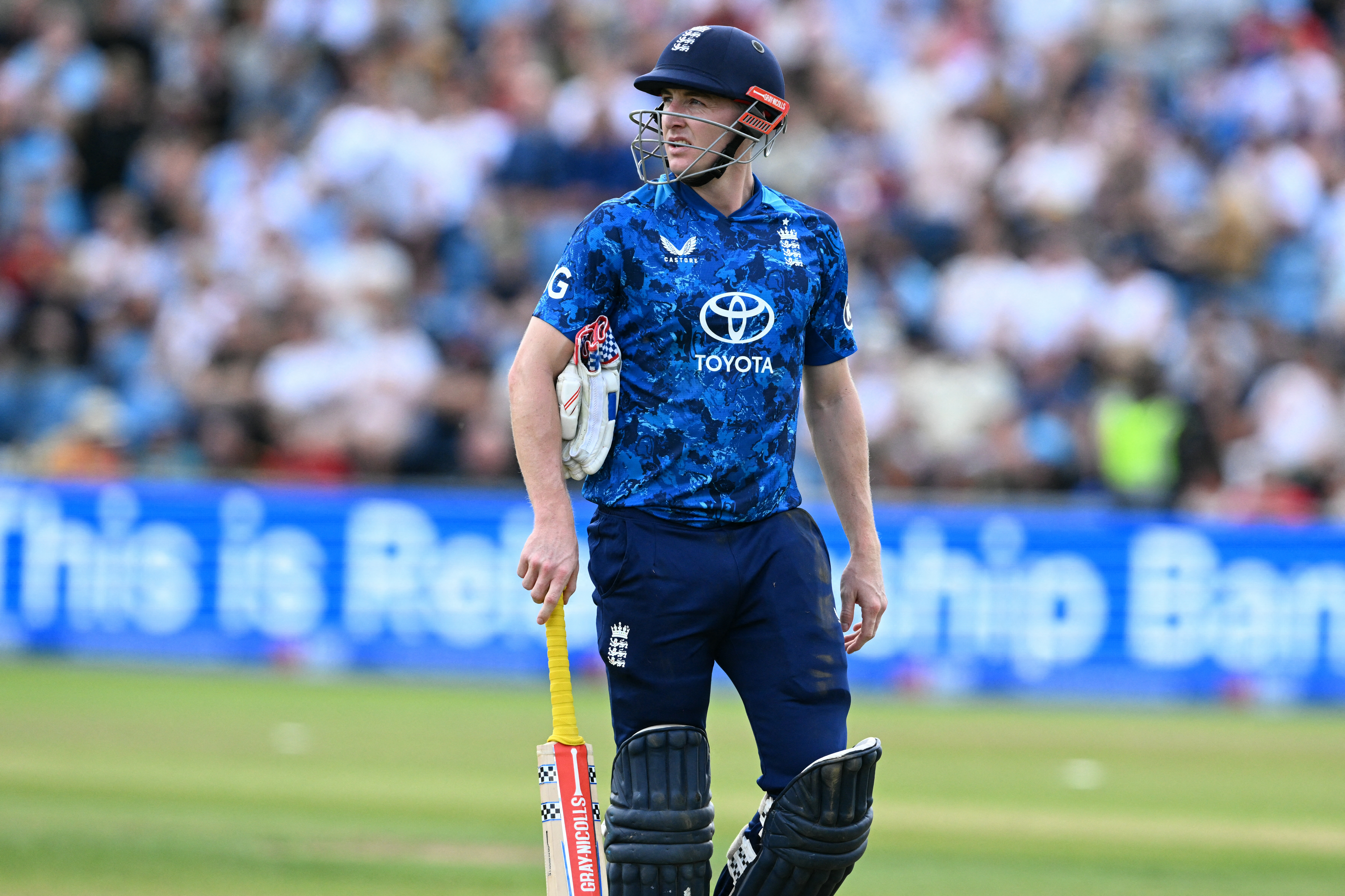 England's Harry Brook reacts a he walks back to the pavilion having been run out during the first One Day International (ODI) cricket match between England and South Africa at Headingley, in Leeds, on September 2, 2025. (Photo by Oli SCARFF / AFP) / RESTRICTED TO EDITORIAL USE. NO ASSOCIATION WITH DIRECT COMPETITOR OF SPONSOR, PARTNER, OR SUPPLIER OF THE ECB (Photo by OLI SCARFF/AFP via Getty Images)