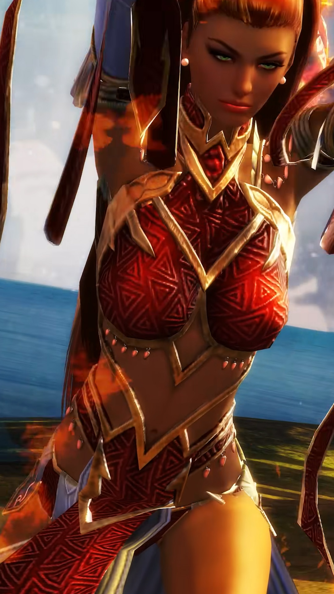 Guild Wars 2 character in a red, flowy outfit with slight fire effects forming around them