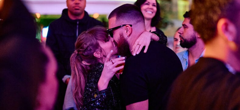 Taylor Swift and Travis Kelce share a kiss at XS Nightclub as Kansas City Chiefs celebrate Super Bowl win