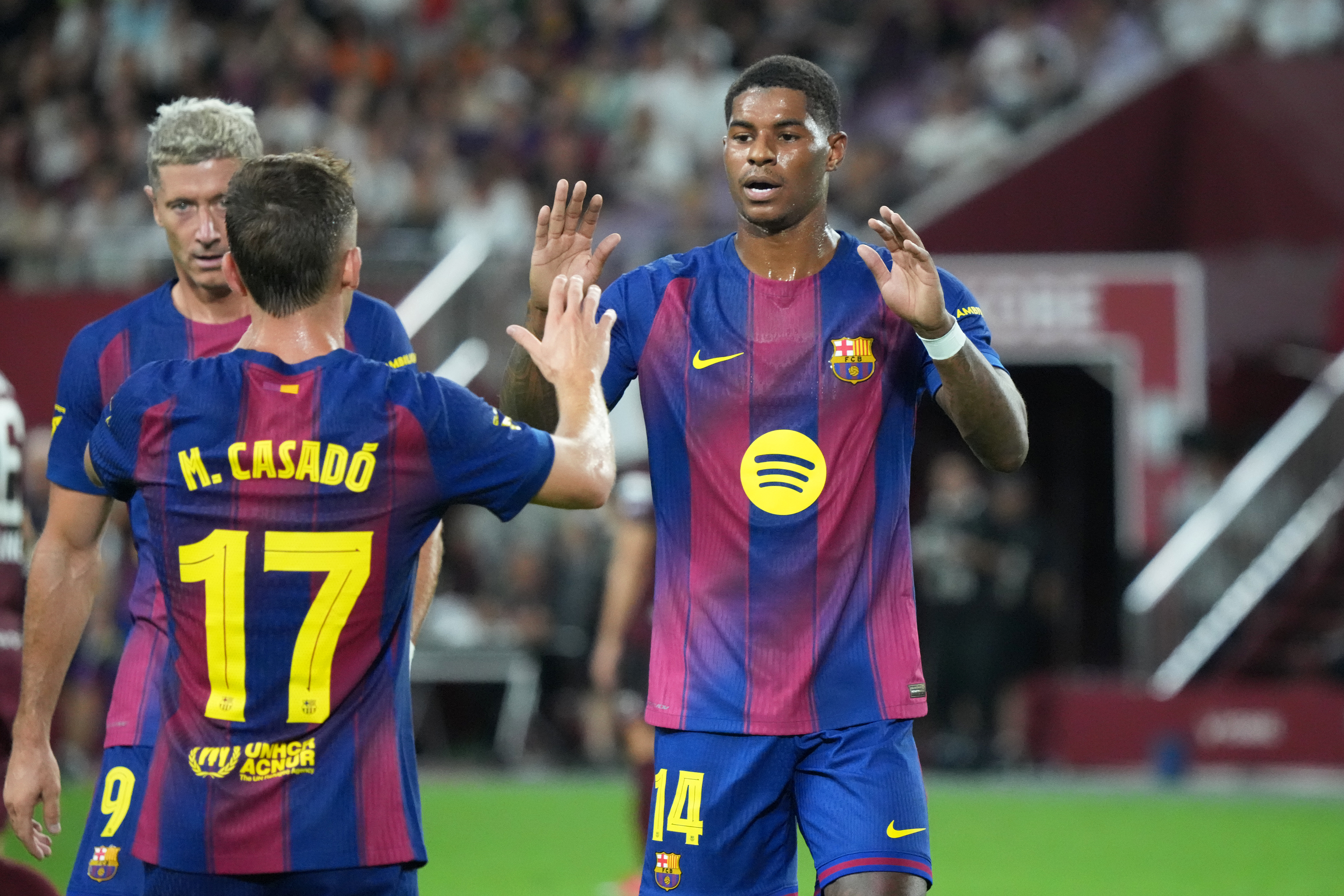 KOBE, JAPAN - JULY 27: Marcus Rashford #14 of Barcelona celebrates scoring the team's second goal during the preseason friendly between Vissel Kobe and FC Barcelona at Noevir Stadium Kobe on July 27, 2025 in Kobe, Hyogo, Japan. (Photo by Koji Watanabe/Getty Images)