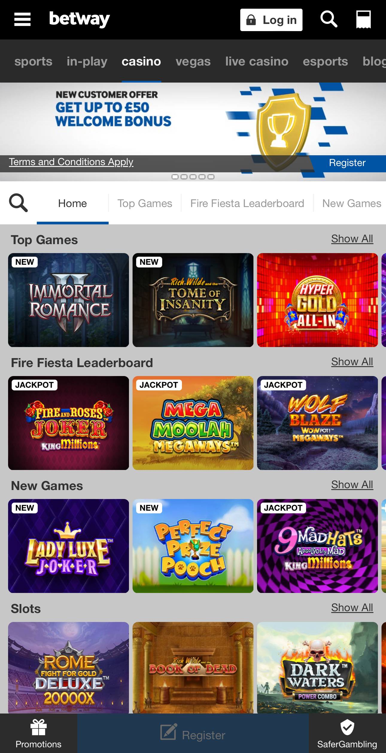 Betway casino game selection.