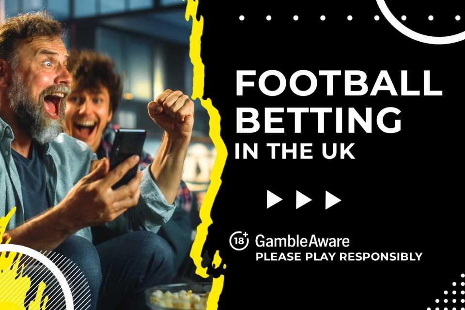 Two men excitedly watch a football game and bet on their phones. Please play responsibly.