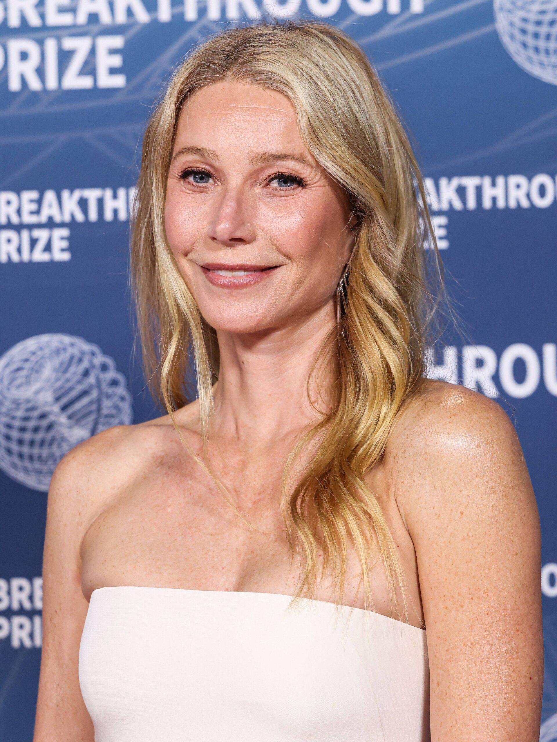 Gwyneth Paltrow wearing a Donna Karan New York RE15 gown, Messika jewelry, and Santoni shoes arrives at the 11th Annual Breakthrough Prize Ceremony 2025