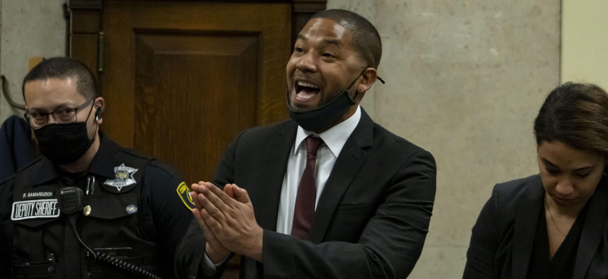 Actor Jussie Smollett speaks to Judge James Linn after his sentence is read March 10, 2022, at the Leighton Criminal Court Building in Chicago.