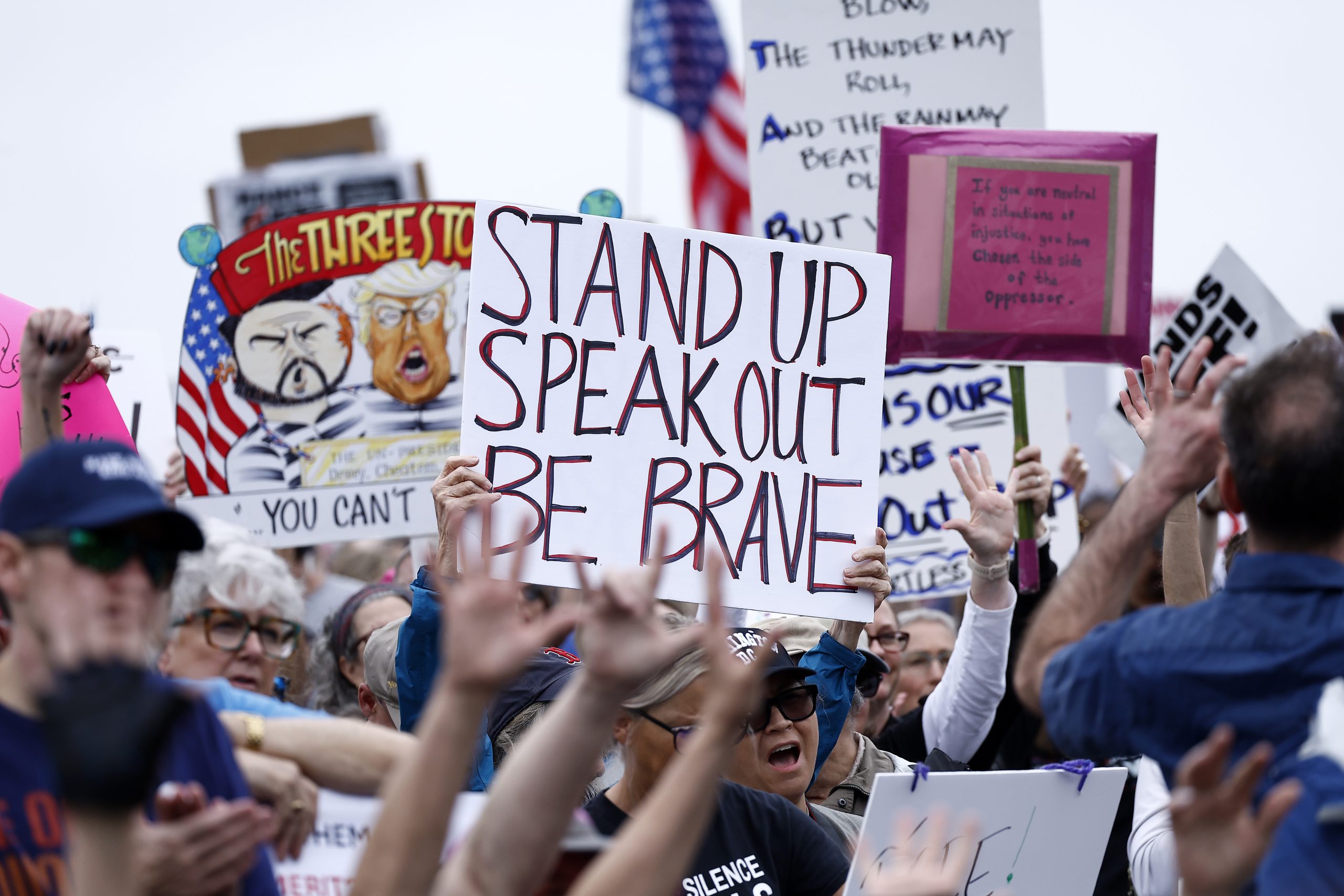 Demonstrators take part in the Hands Off! day of action against the Trump administration and Elon Musk on April 05, 2025, on the National Mall in Washington, DC. Photo by Paul Morigi/Getty Images for Community Change Action.