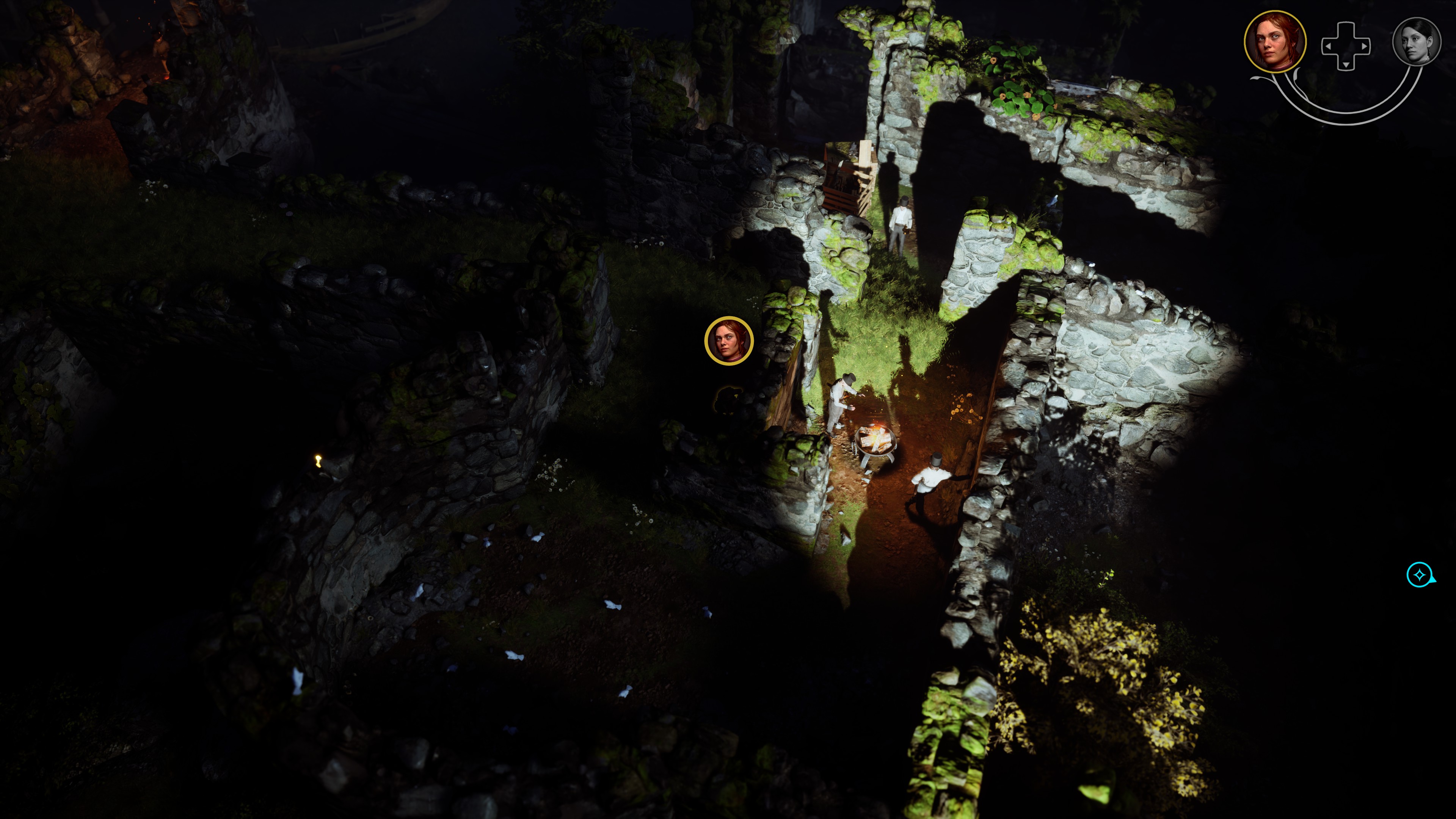 Spying on enemies illuminated by a spotlight.