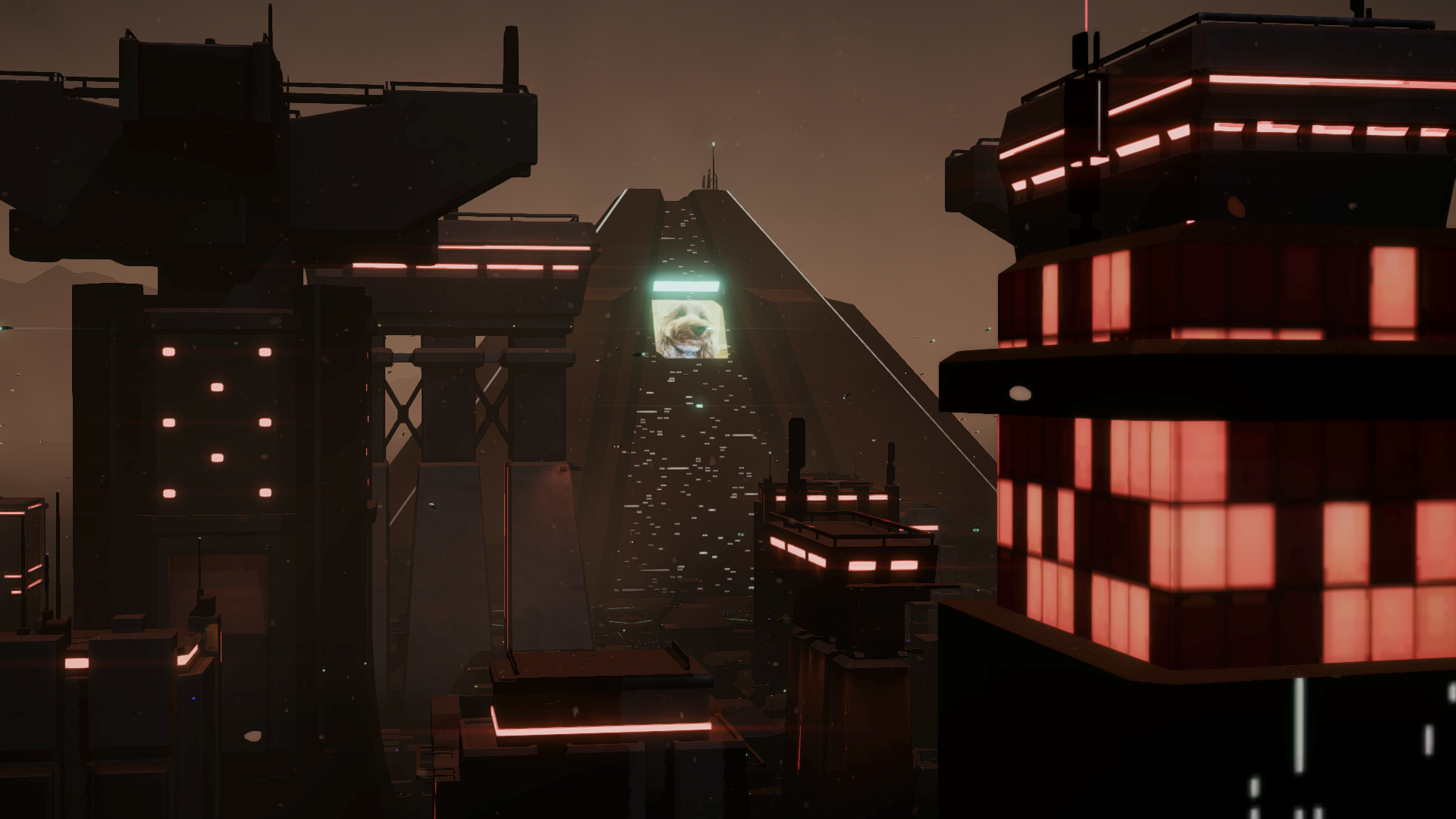 A cyberpunk pyramid with a hologram of Cosmo the cockapoo