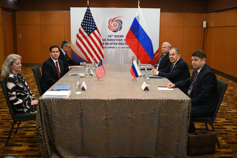 US Secretary of State Marco Rubio (2nd L) meets with Russia's Foreign Minister Sergei Lavrov (2nd R) on the sidelines of the ASEAN Foreign Ministers' meeting at the Kuala Lumpur Convention Centre in Kuala Lumpur on July 10, 2025.