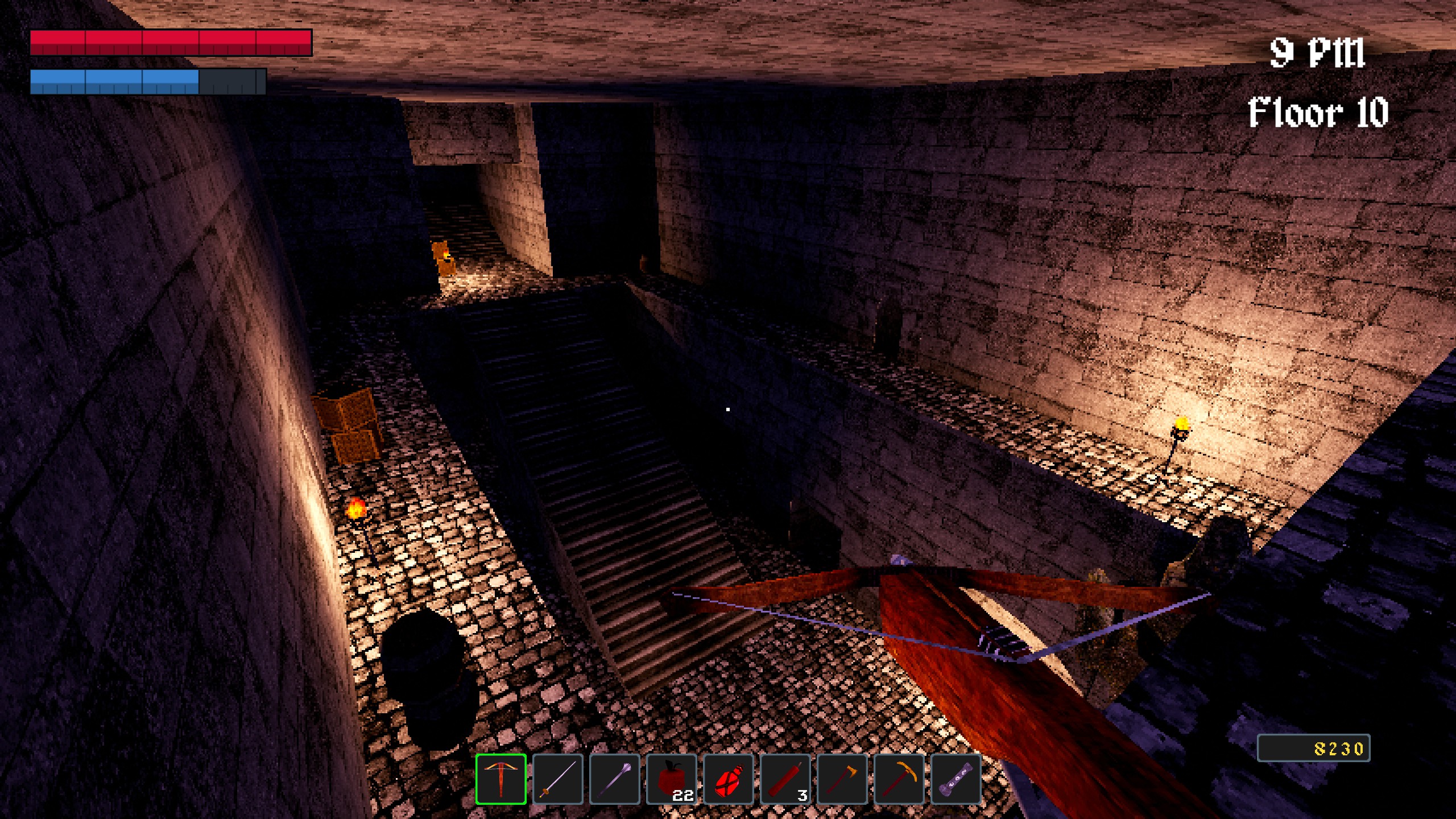 First person view crossbow pointed down toward large dungeon room in Nox Mortalis