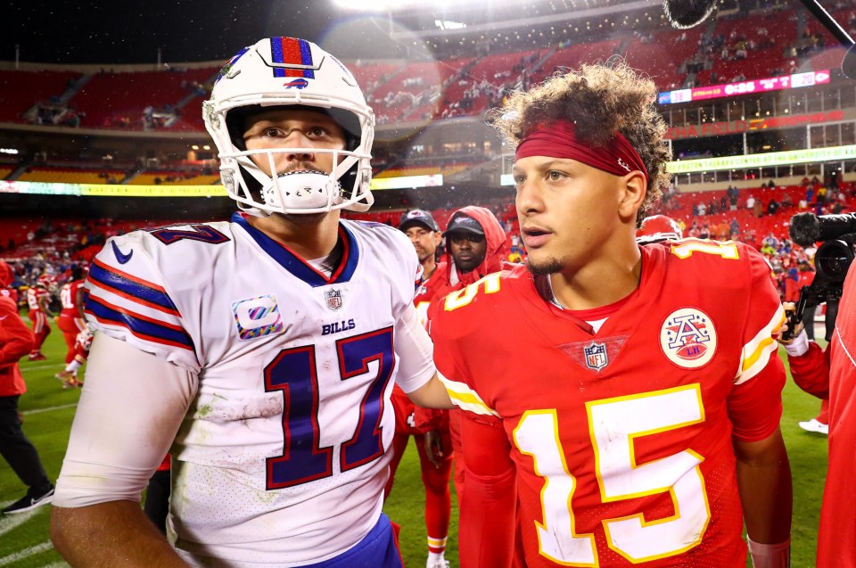 Josh Allen and Patrick Mahomes talking after an NFL game.