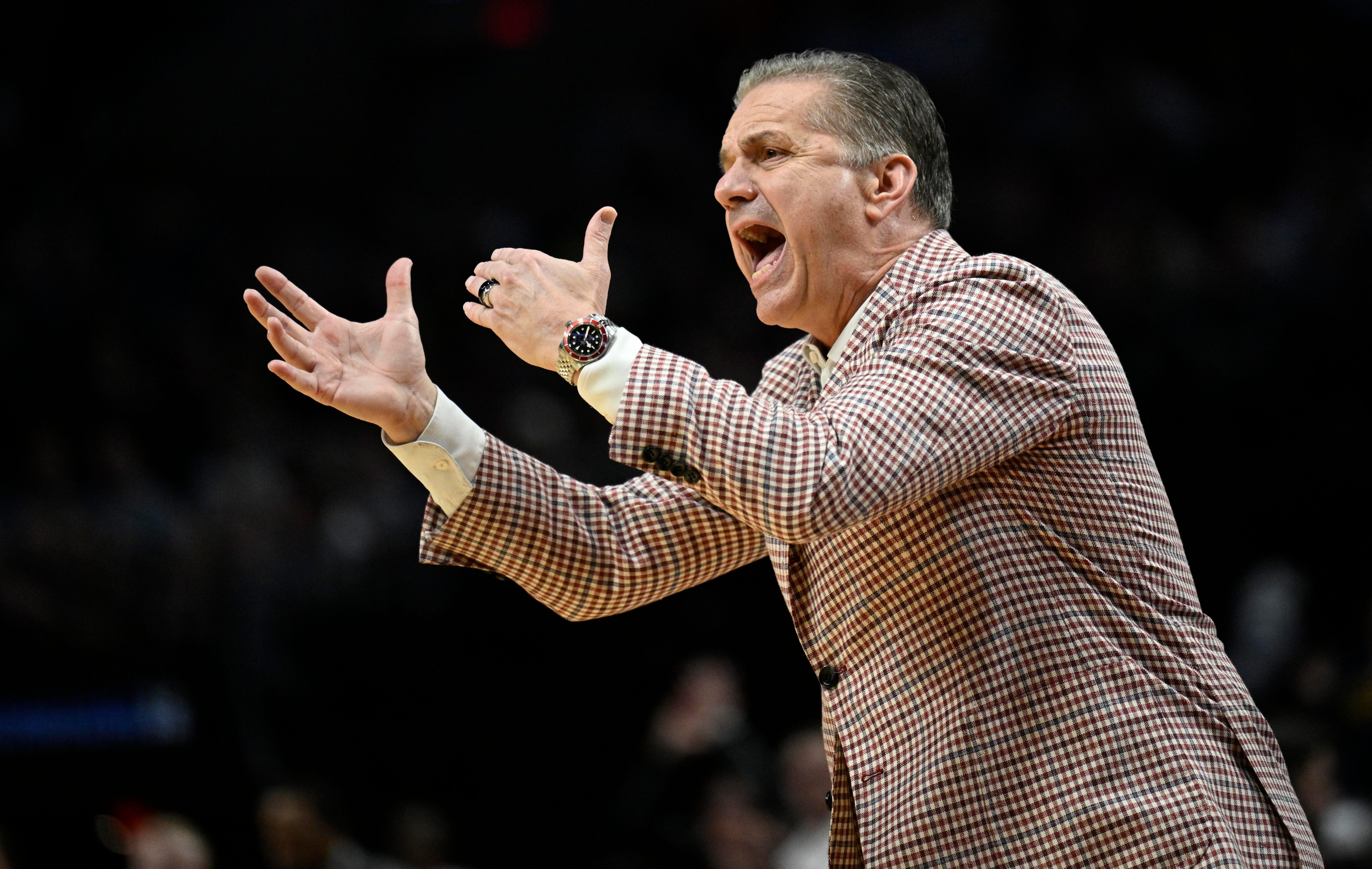 Mar 21, 2026; Portland, OR, USA; Arkansas Razorbacks head coach John Calipari in the first half against the High Point Panthers during a second round game of the men's 2026 NCAA Tournament at Moda Center. Mandatory Credit: Troy Wayrynen-Imagn Images