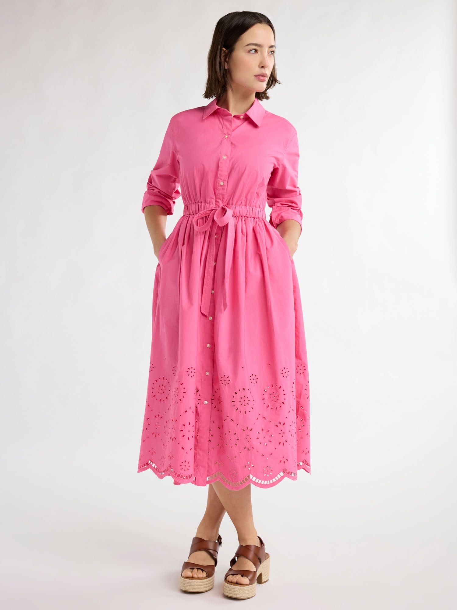 Free Assembly Women&rsquo;s and Women's Plus Cotton Eyelet Maxi Shirtdress, Sizes XS-4X