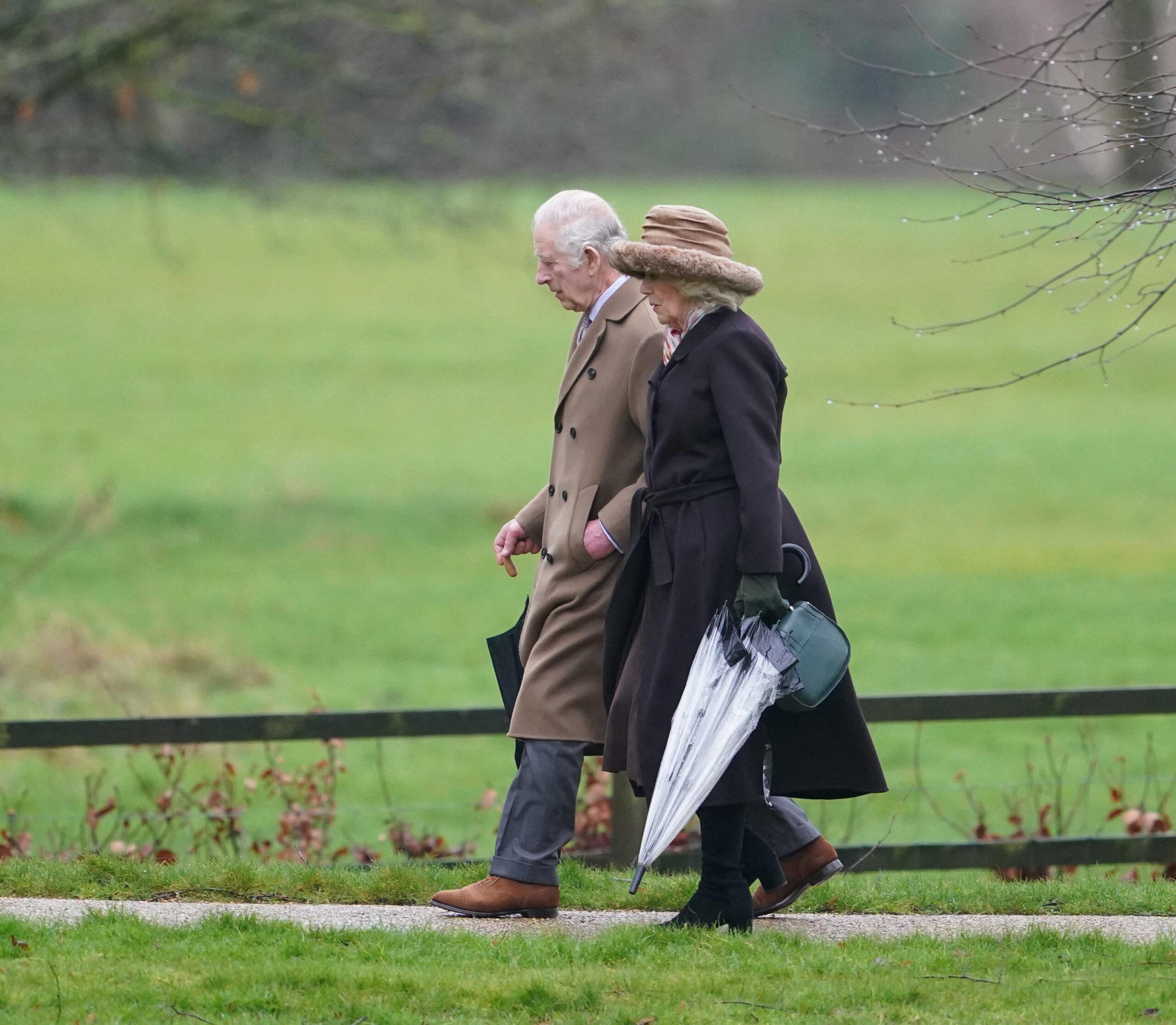 King Charles III and Queen Camilla pictured attending Sunday Church service on the Sandringham estate in Norfolk