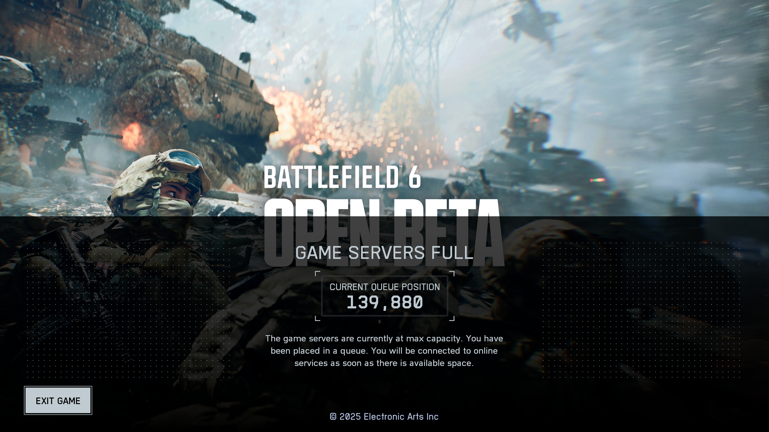 Battlefield 6 beta queues, errors, issues: A screenshot of the queue for the open beta due to full servers.