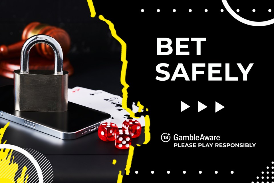 Illustration of a padlock on a smartphone with playing cards and dice, promoting safe gambling.