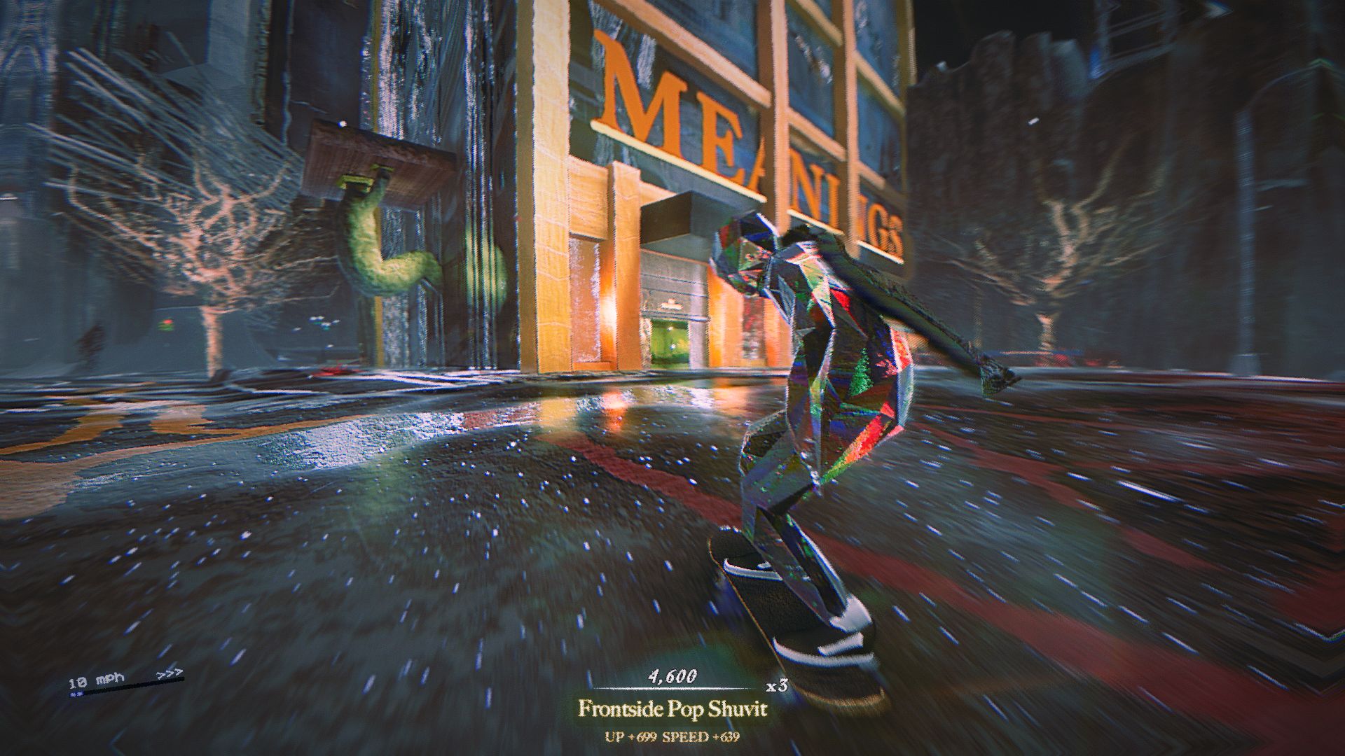 A glass-skinned skater rolls towards a large business building labelled 