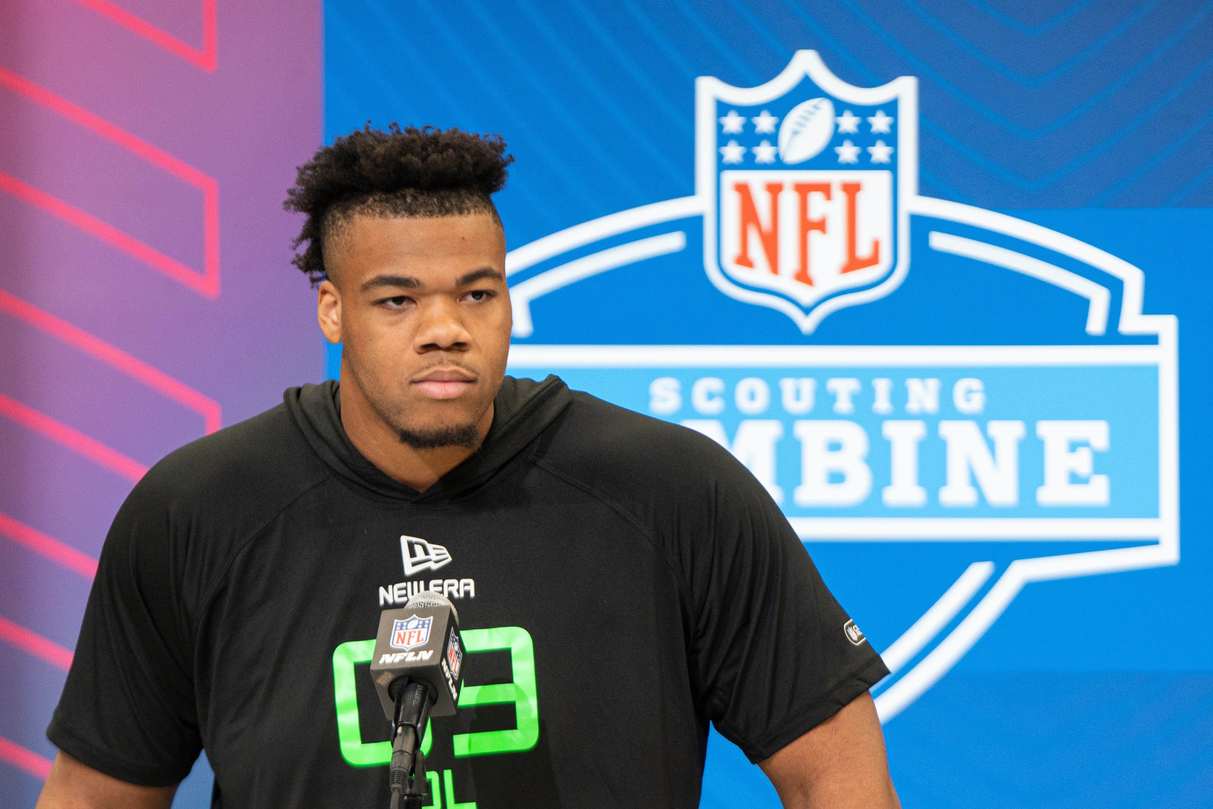 Mar 1, 2025; Indianapolis, IN, USA; University of Oregon offensive lineman Ajani Cornelius (OL09) answers questions at a press conference during the 2025 NFL Combine at Indiana Convention Center. Mandatory Credit: Jacob Musselman-Imagn Images