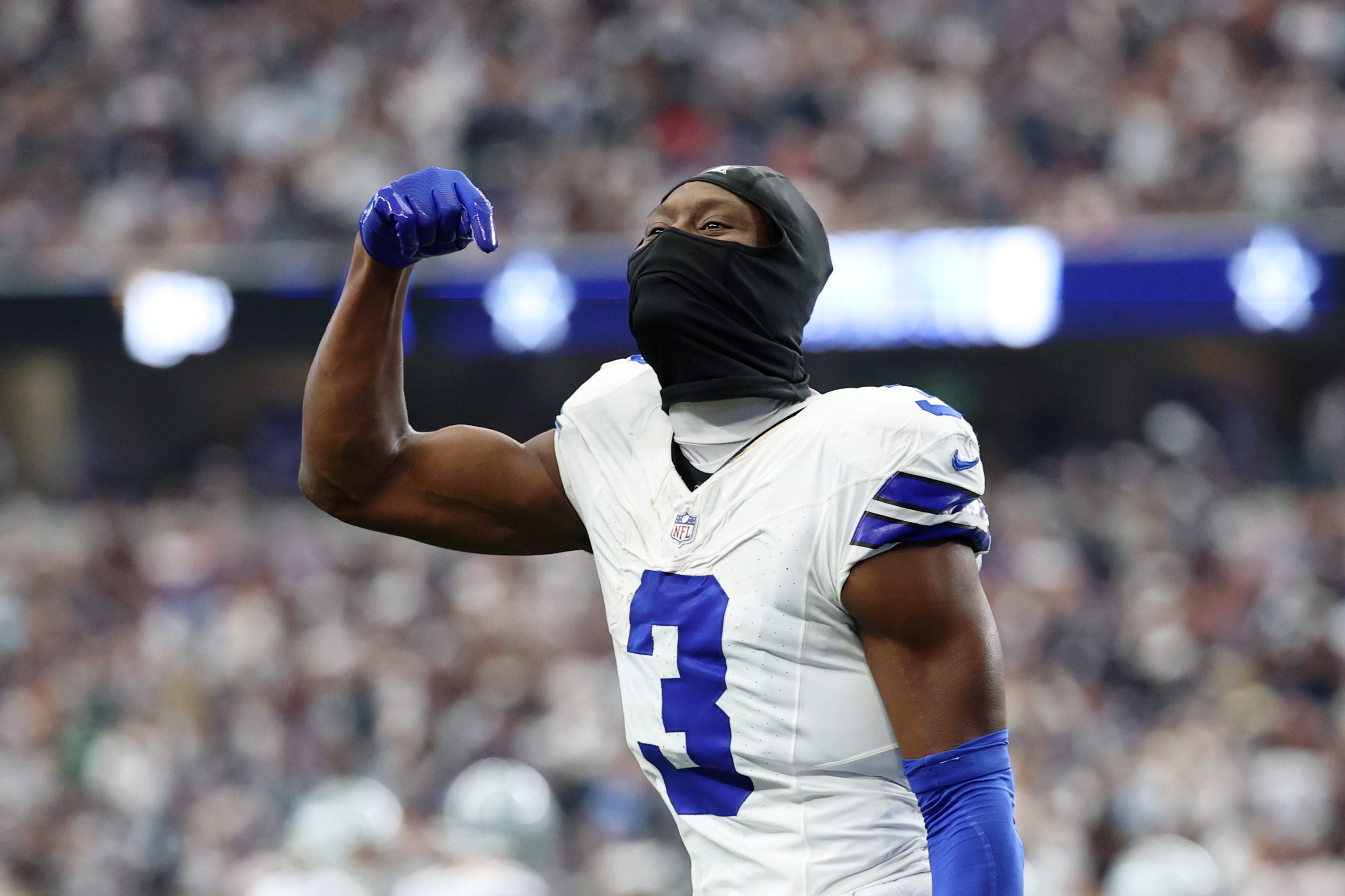 Sep 14, 2025; Arlington, Texas, USA; Dallas Cowboys wide receiver George Pickens (3) reacts after a play against the New York Giants during the fourth quarter at AT&T Stadium. Mandatory Credit: Kevin Jairaj-Imagn Images
