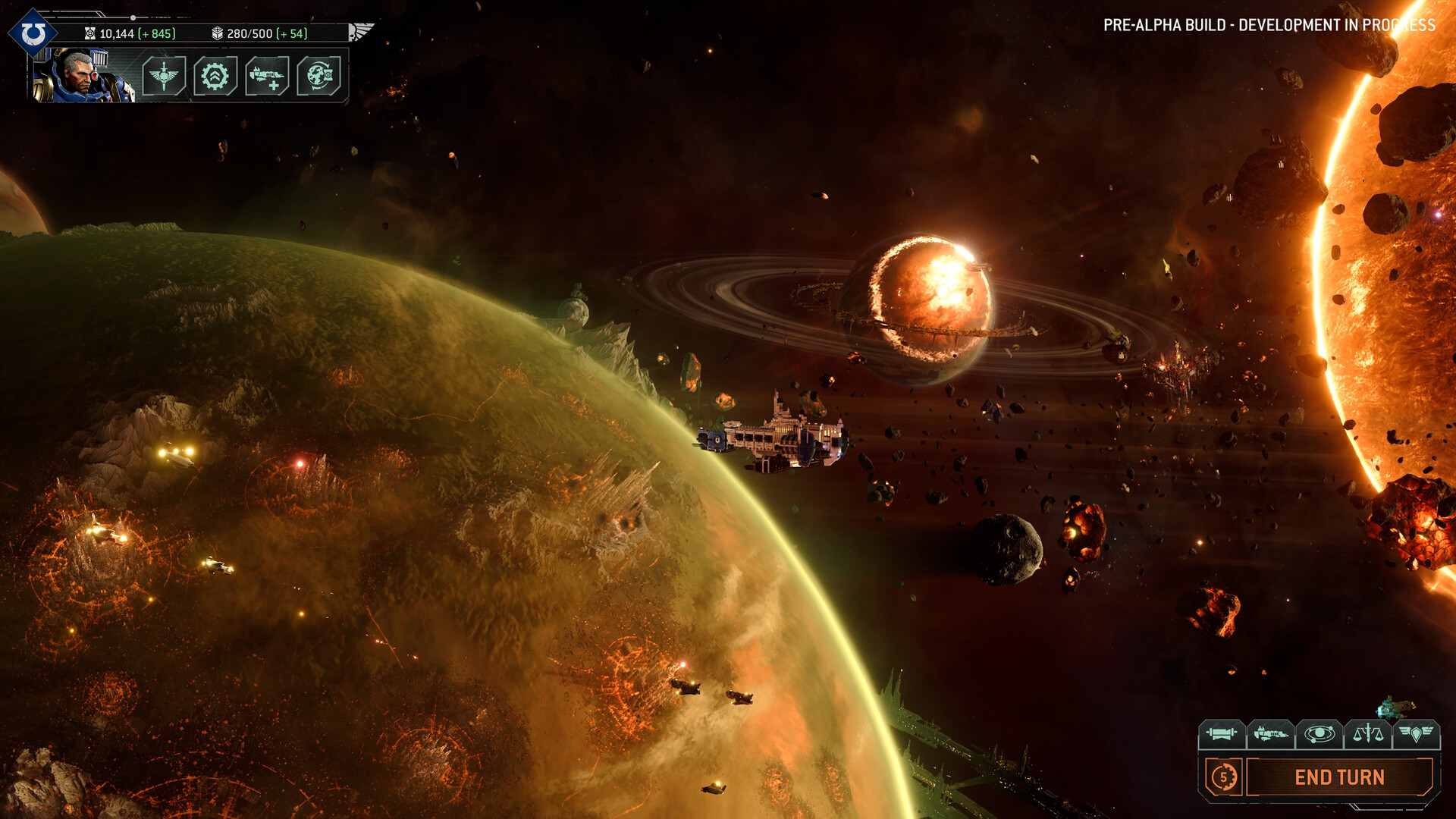 A ship flies past a planet