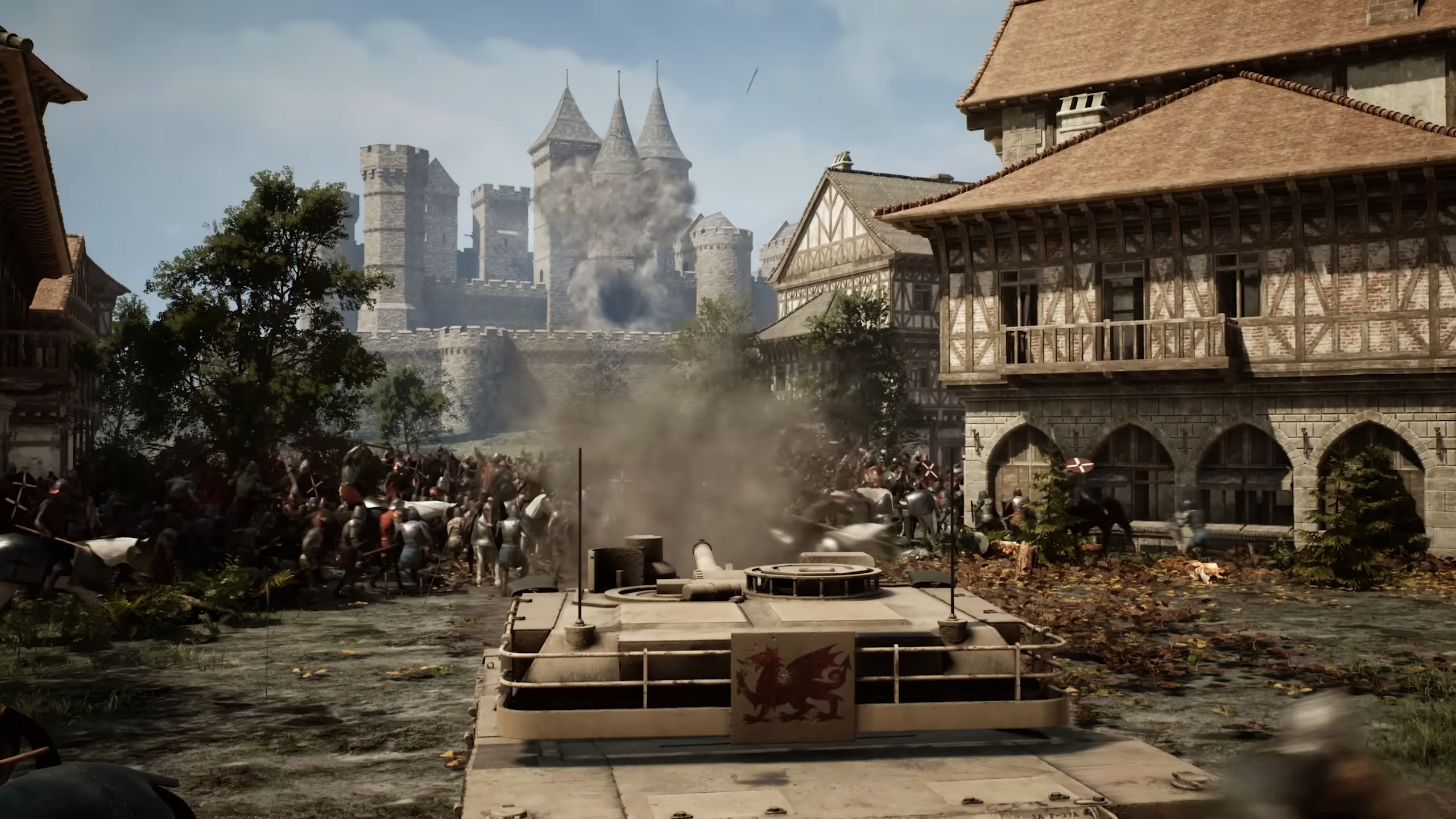 Kingmakers - A modern military tank opening fire on a medieval village