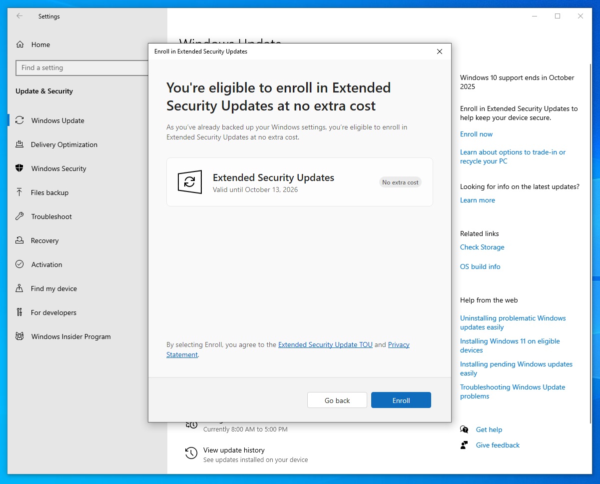Enroll into Windows 10 extended security updates toggle
