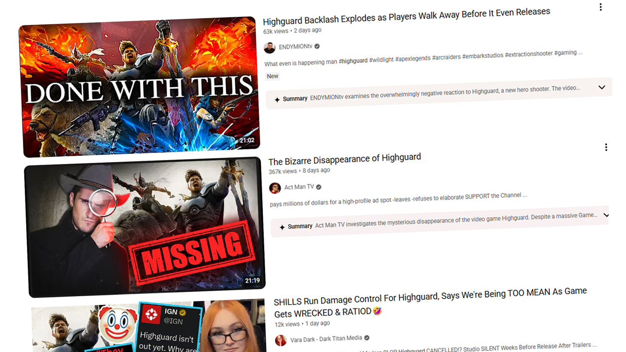 A selection of YouTube thumbnails and video titles related to Highguard: 