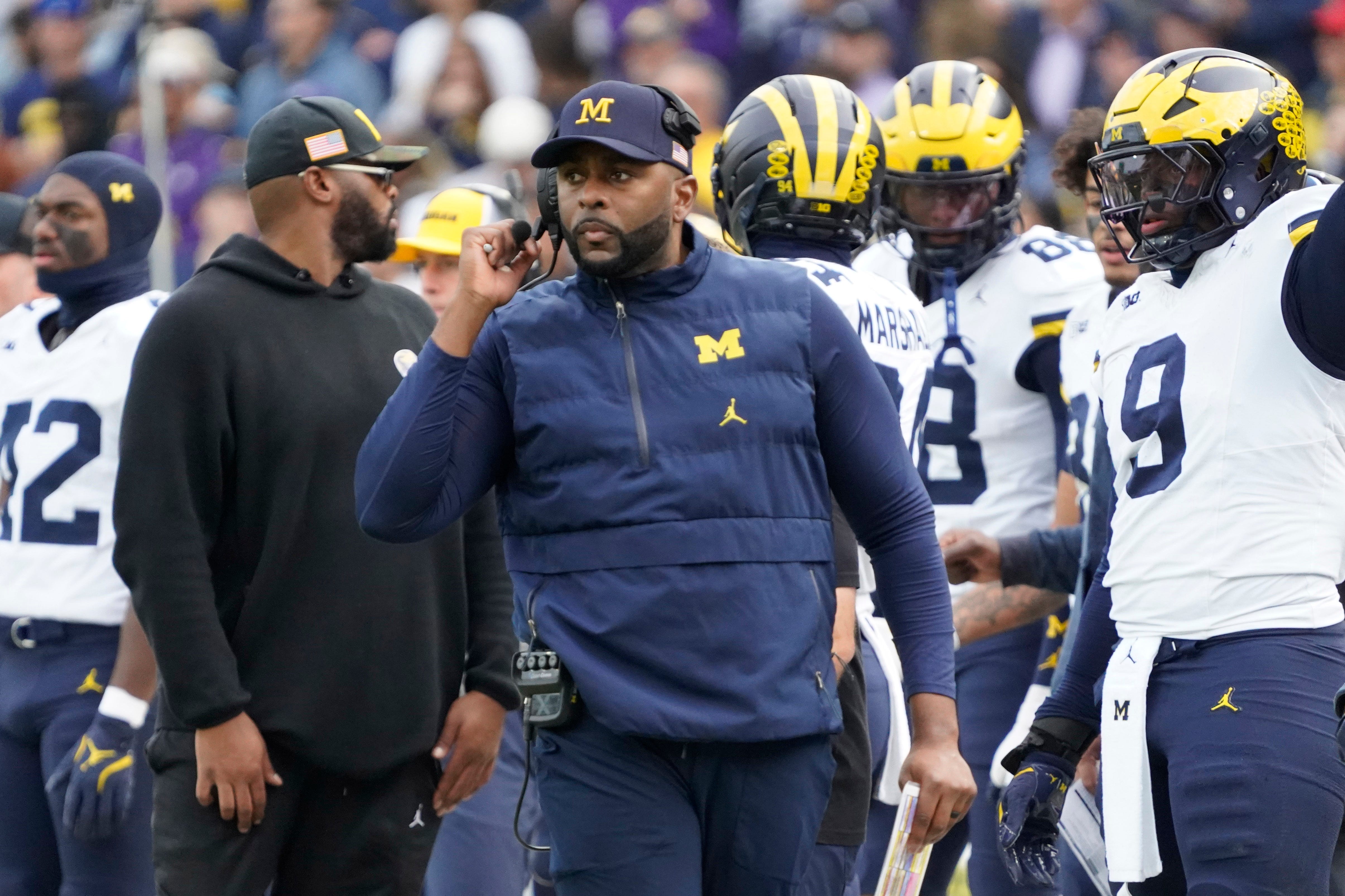 Michigan coach Sherrone Moore on the sidelines against Northwestern during the first half at Wrigley Field on Nov. 15, 2025 in Chicago.