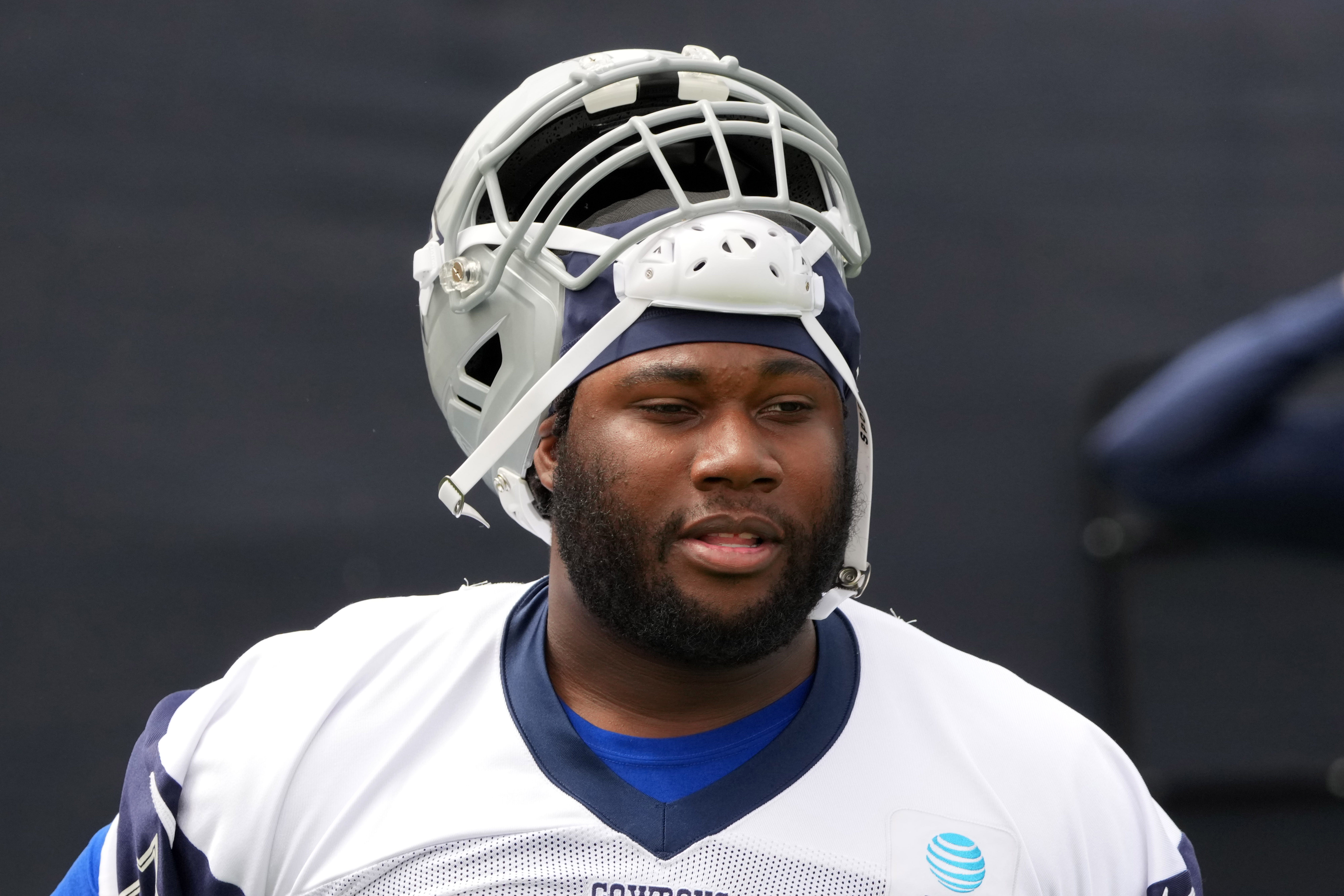 Jul 22, 2025; Oxnard, CA, USA; Dallas Cowboys tackle Nate Thomas (71) during training camp at the River Ridge Fields. Mandatory Credit: Kirby Lee-Imagn Images