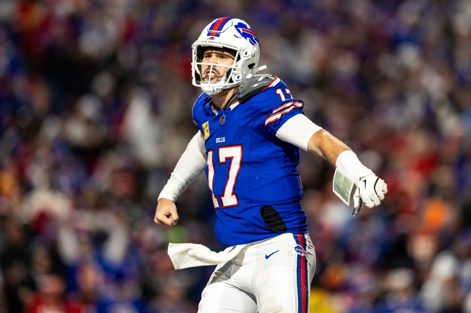 ORCHARD PARK, NEW YORK - NOVEMBER 17: Josh Allen #17 of the Buffalo Bills celebrates after scoring a touchdown in the fourth quarter of the game against the Kansas City Chiefs at Highmark Stadium on November 17, 2024 in Orchard Park, New York. The Bills beat the Chiefs 30-21. (Photo by Lauren Leigh Bacho/Getty Images)