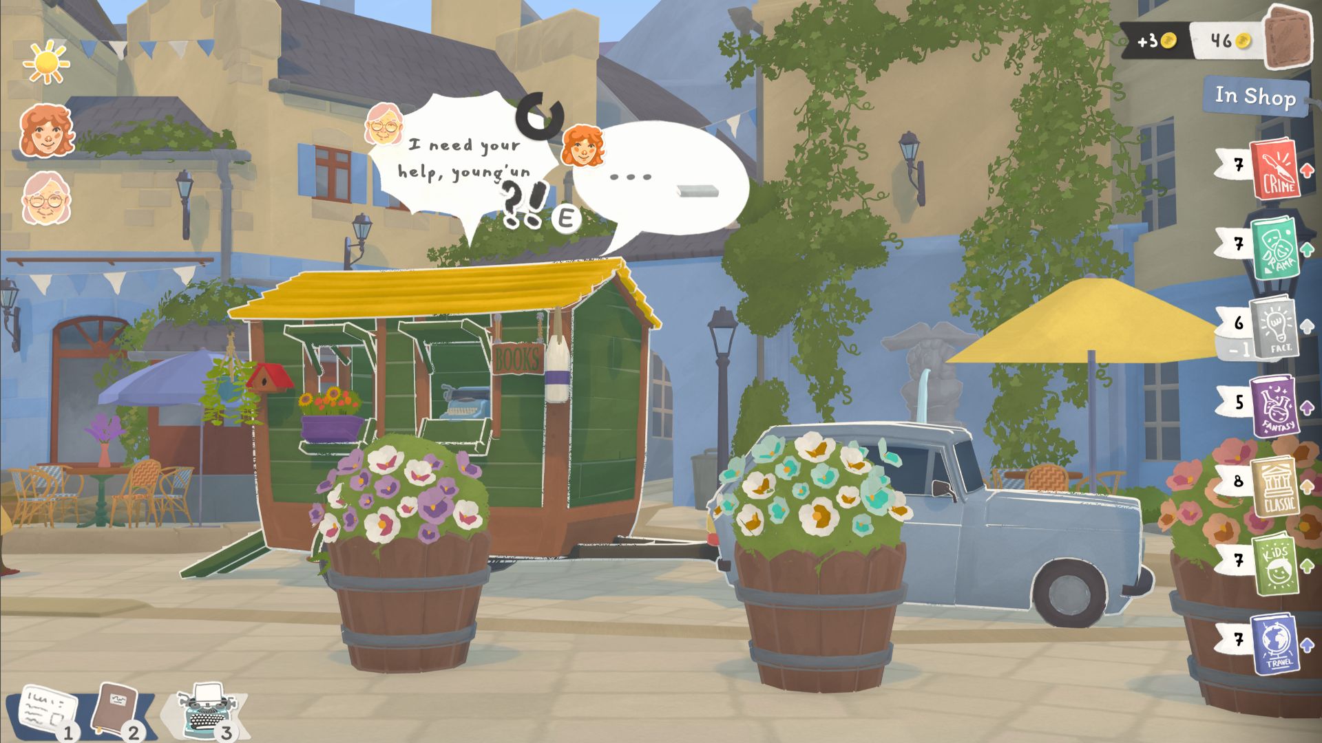 The cafe area of town in Tiny Bookshop. The mobile bookstore is hitched to a car and parked beside plants and cafes. There are two customers inside the store asking for help with book selections.