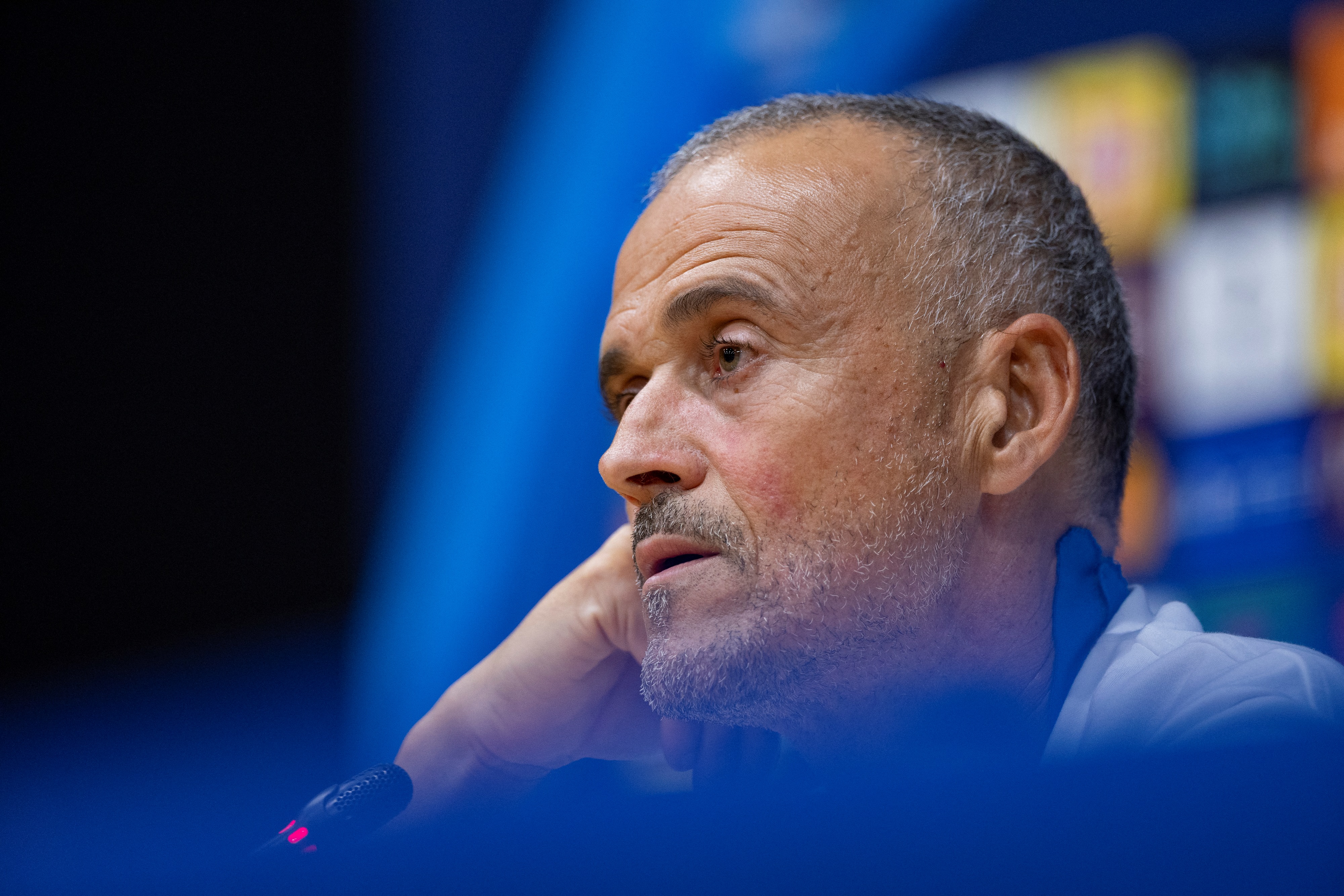 Paris Saint-Germain's coach Luis Enrique gestures during a press conference on the eve of the UEFA Champions League league phase day 2 football match between FC Barcelona and Paris Saint-Germain (PSG) at the Estadi Olimpic Lluis Companys, on September 30, 2025. (Photo by Josep LAGO / AFP)