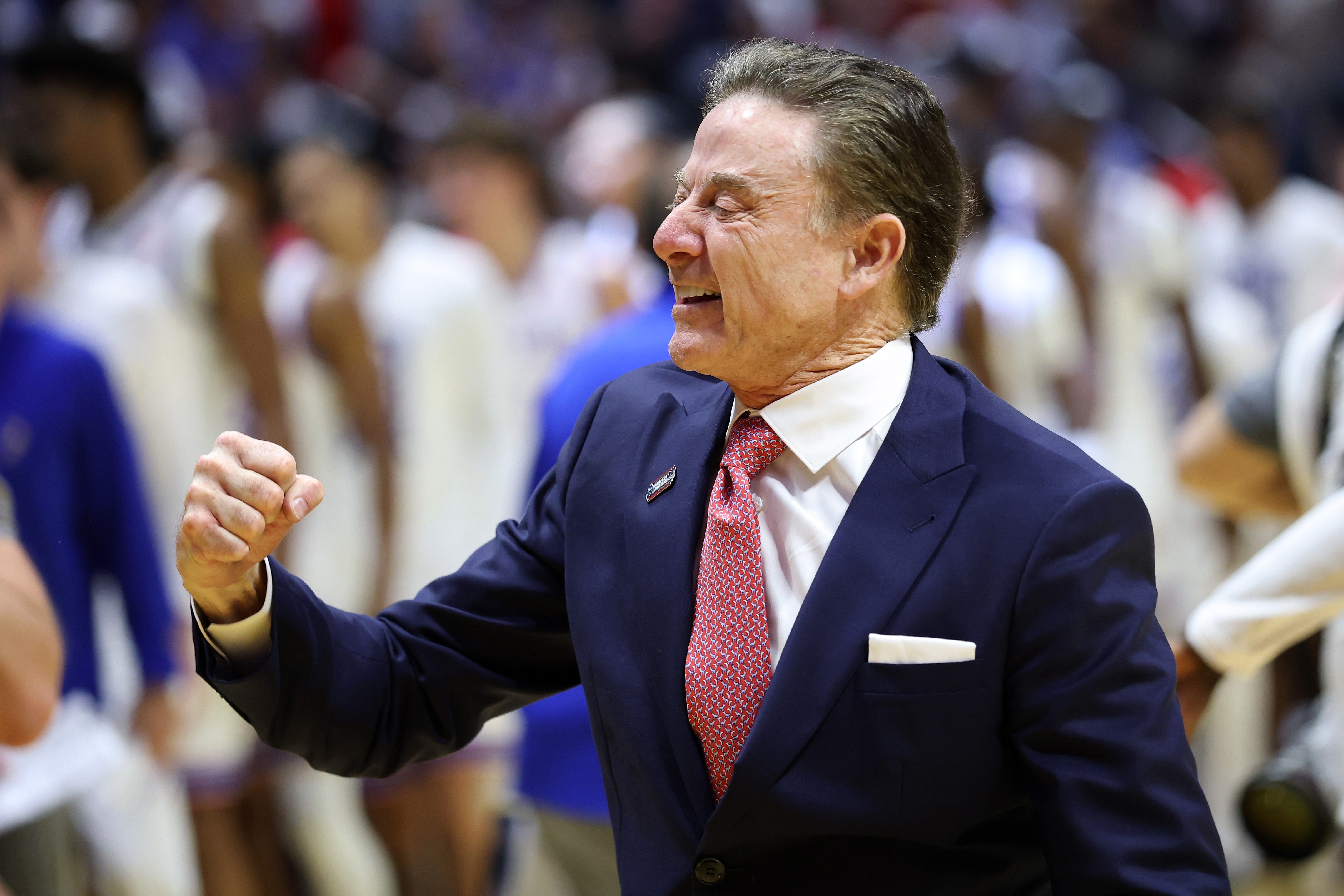 SAN DIEGO, CALIFORNIA - MARCH 22: Head coach Rick Pitino of the St. John's Red Storm celebrates a 67-65 victory against the Kansas Jayhawks after the game in the second round of the 2026 NCAA Men's Basketball Tournament at Viejas Arena at San Diego State University on March 22, 2026 in San Diego, California. (Photo by Sean M. Haffey/Getty Images)