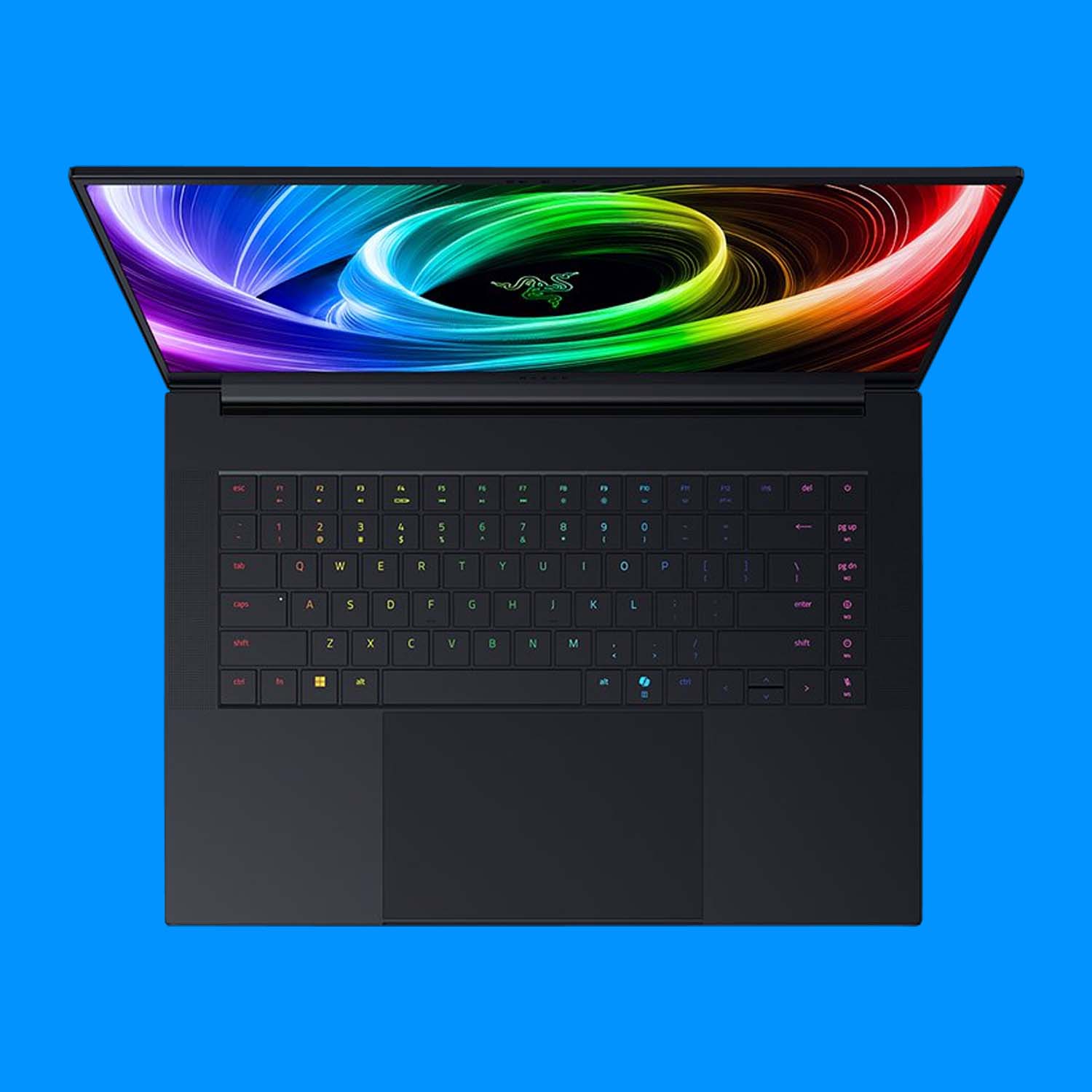 Razer Blade 16 gaming laptop shot from above with blue background