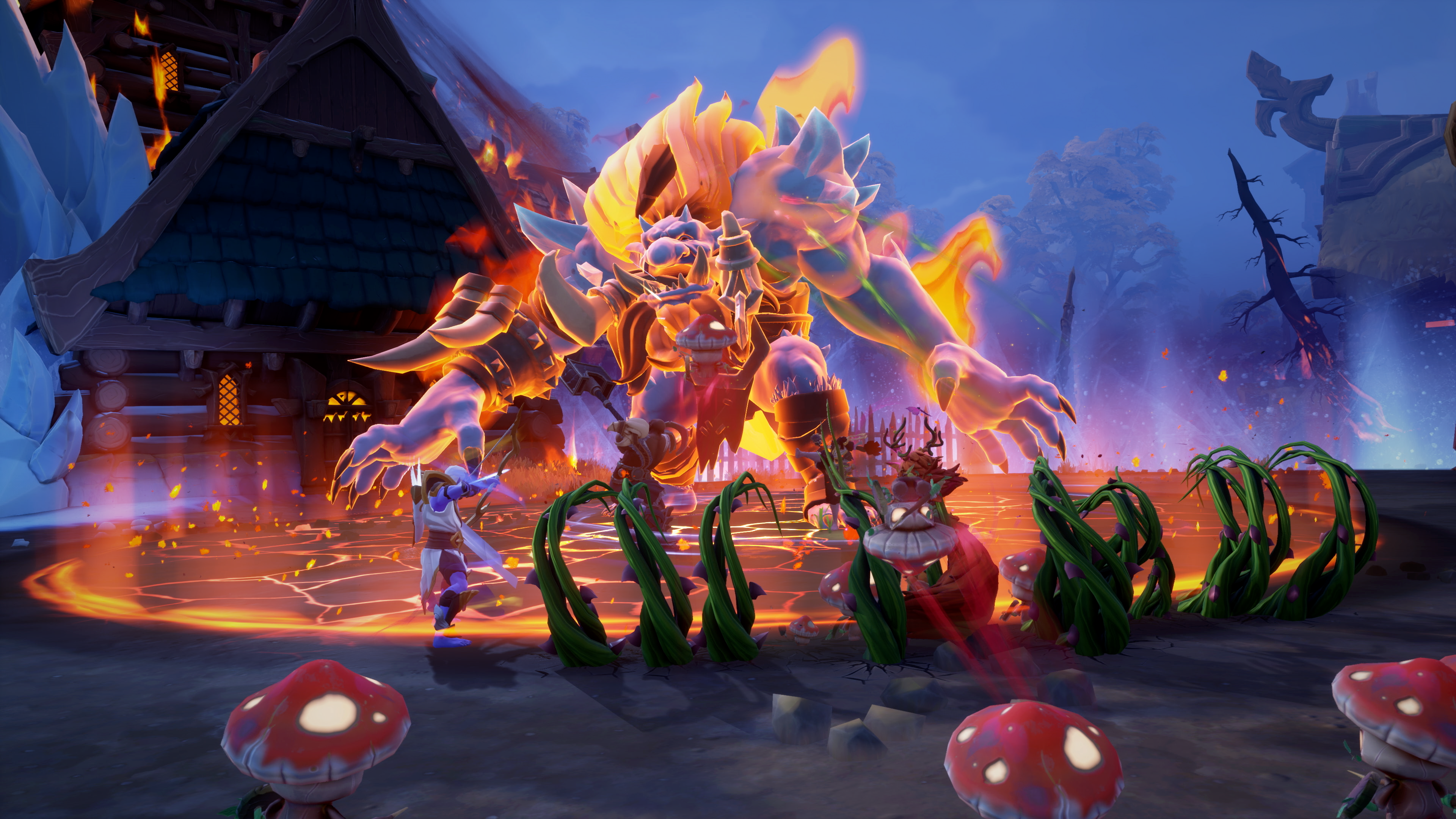 A promotional screenshot of Fellowship. A troll character engulfed in flame looms over smaller characters in a dungeon.