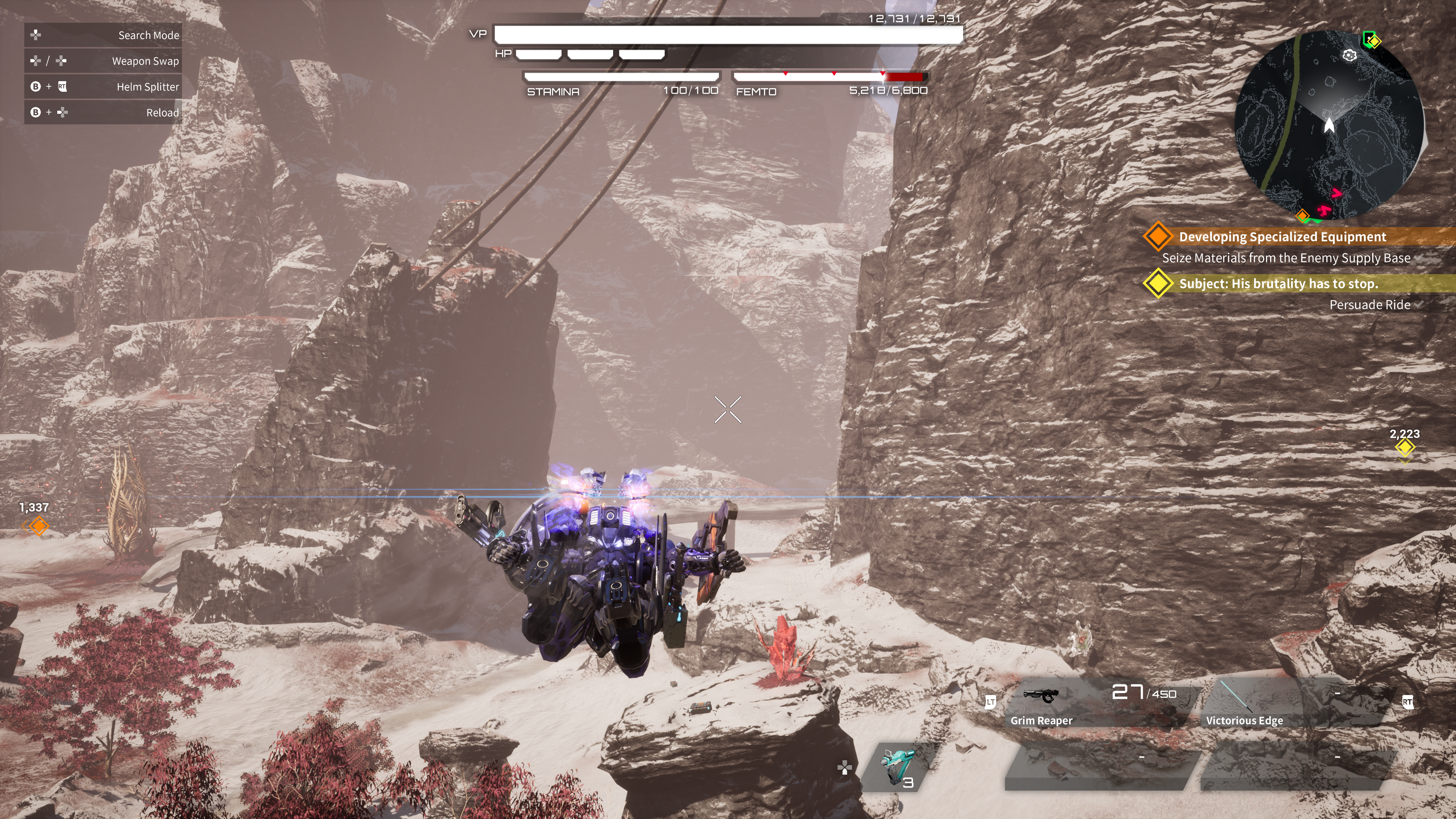 A screenshot of Daemon X Machina: Titanic Scion. A purple mech suit boosts through a gray canyon.