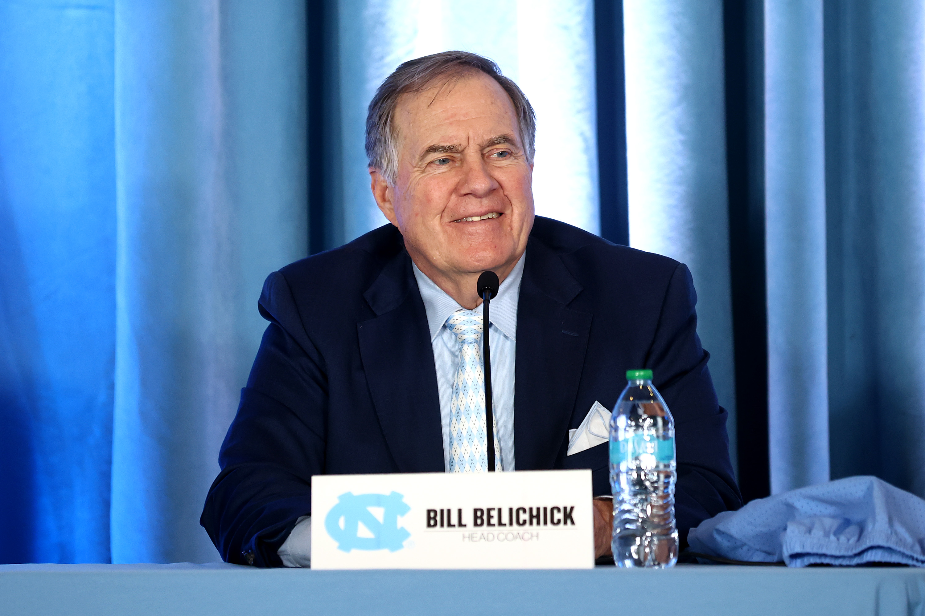CHAPEL HILL, NORTH CAROLINA - DECEMBER 12: Head Coach Bill Belichick of the North Carolina Tar Heels speaks to the media during a press conference on December 12, 2024 in Chapel Hill, North Carolina. (Photo by Jared C. Tilton/Getty Images)