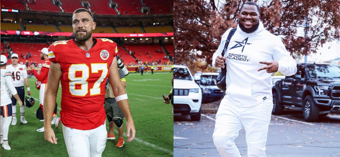 Photo collage of Travis Kelce and Teair Tart.