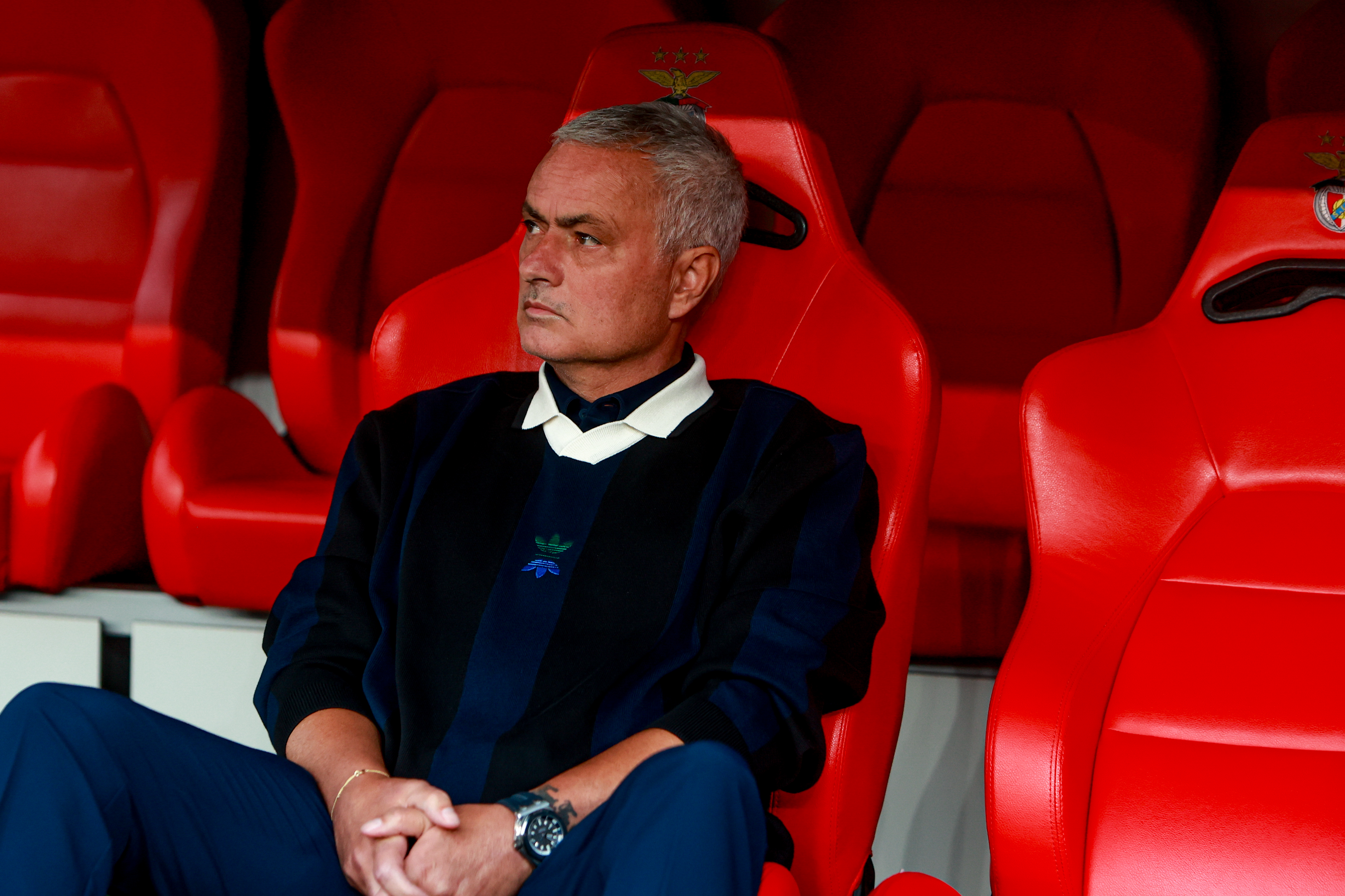 LISBON, PORTUGAL - AUGUST 27: Jos&eacute; Mourinho head coach of Fenerbahce looks on during the UEFA Champions League play-off second leg match between SL Benfica and Fenerbahce at Est&aacute;dio da Luz on August 27, 2025 in Lisbon, Portugal. (Photo by Valter Gouveia/Sports Press Photo/Getty Images)