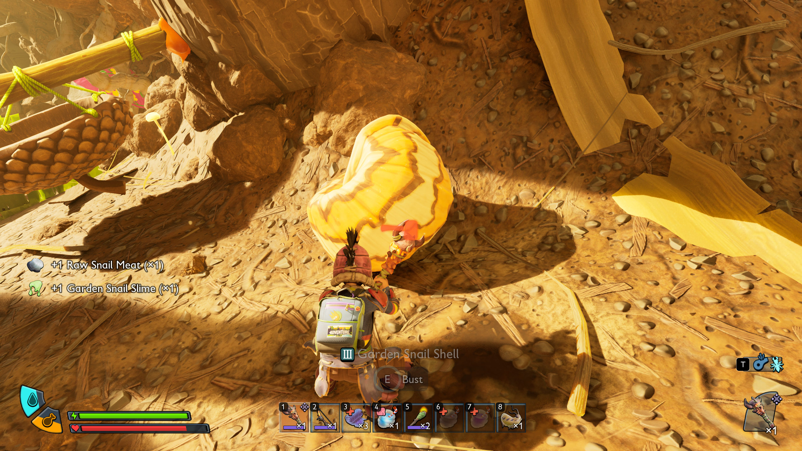 Grounded 2 how to kill snails: A character looking at an empty snail shell on the ground.