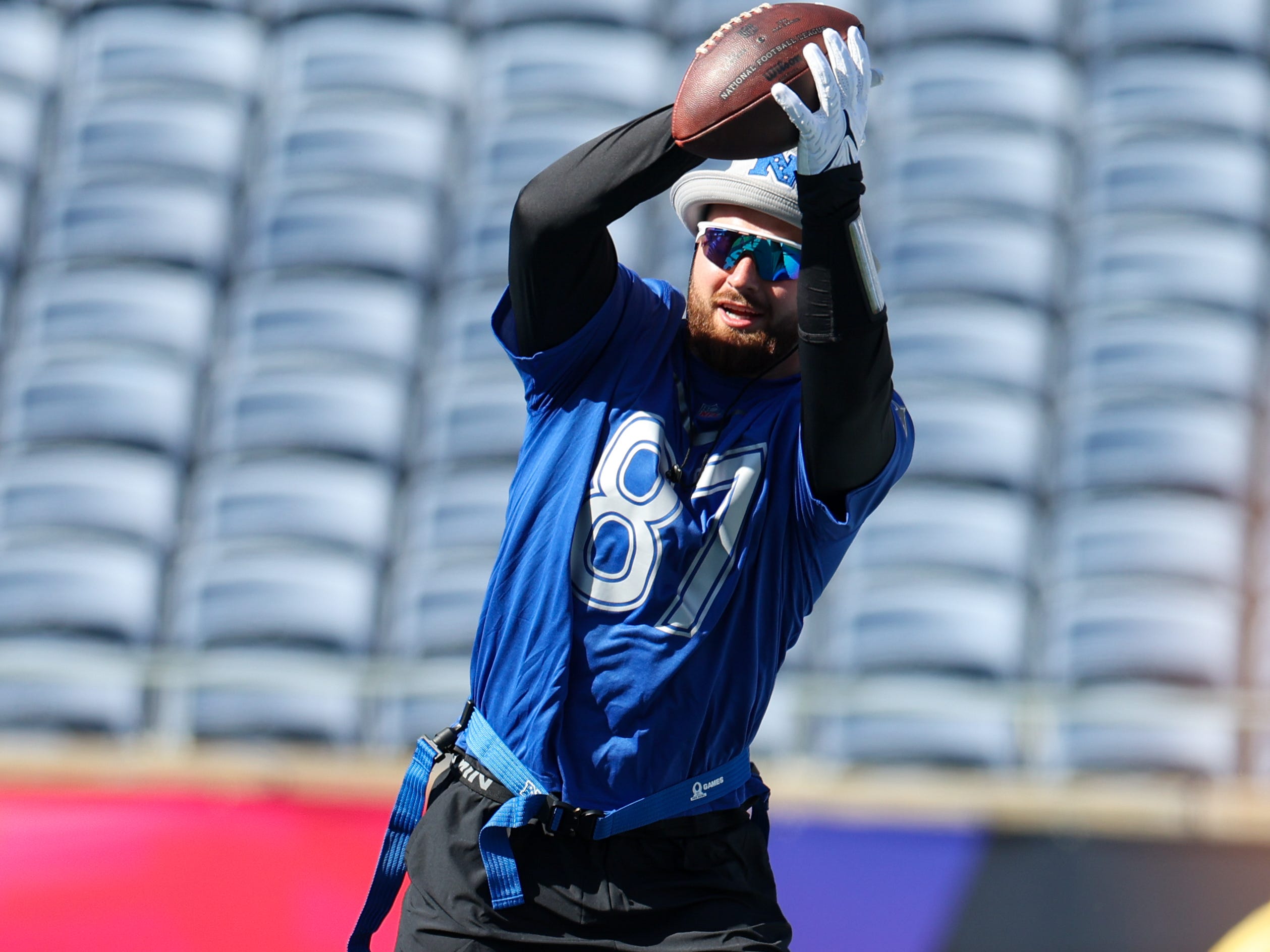 Feb 2, 2024; Orlando, FL, USA; Dallas Cowboys tight end Jake Ferguson (87) participates in the AFC versus NFC Pro Bowl practice and media day at Camping World Stadium. Mandatory Credit: Nathan Ray Seebeck-USA TODAY Sports