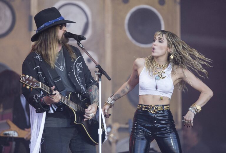 Billy Ray Cyrus and Miley Cyrus performing at Glastonbury Festival 2019