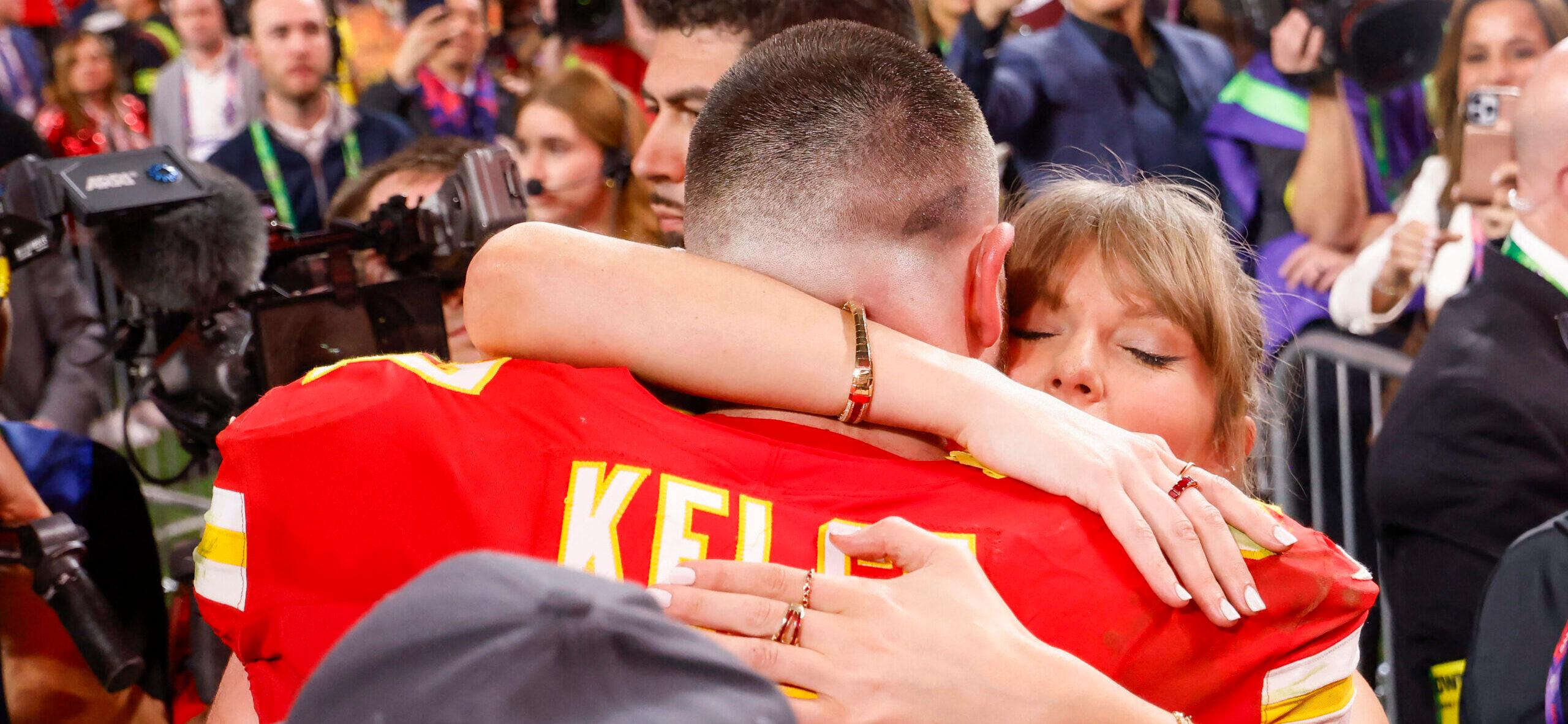 Taylor Swift embraces beau Travis Kelce after the Kansas City Chiefs win the super bowl beating the San Francisco 49ers 25-22.